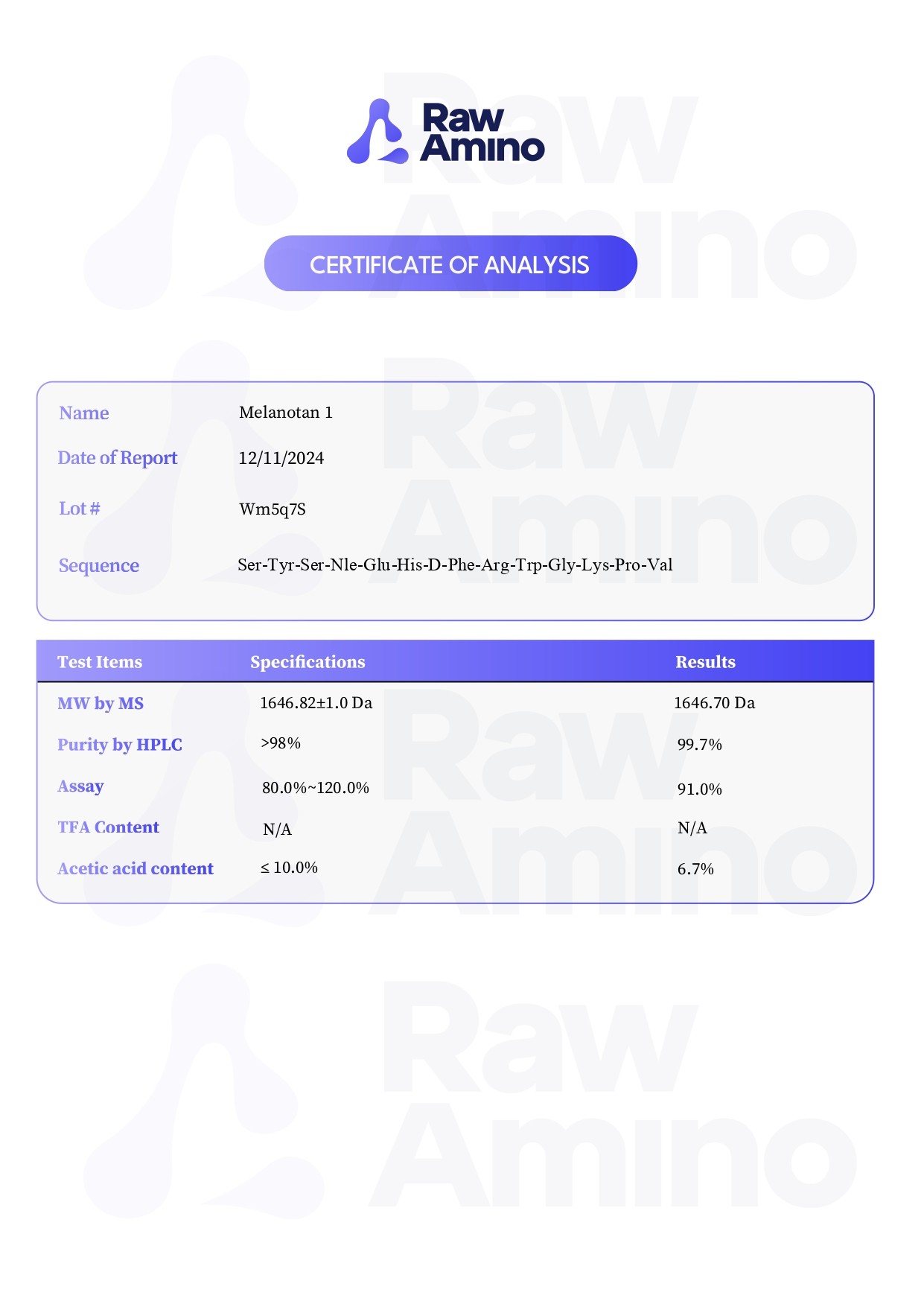 Certificate of Analysis - Melanotan 1