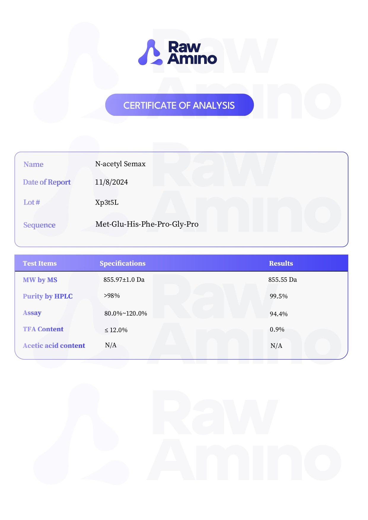 Certificate of Analysis - N-Acetyl Semax