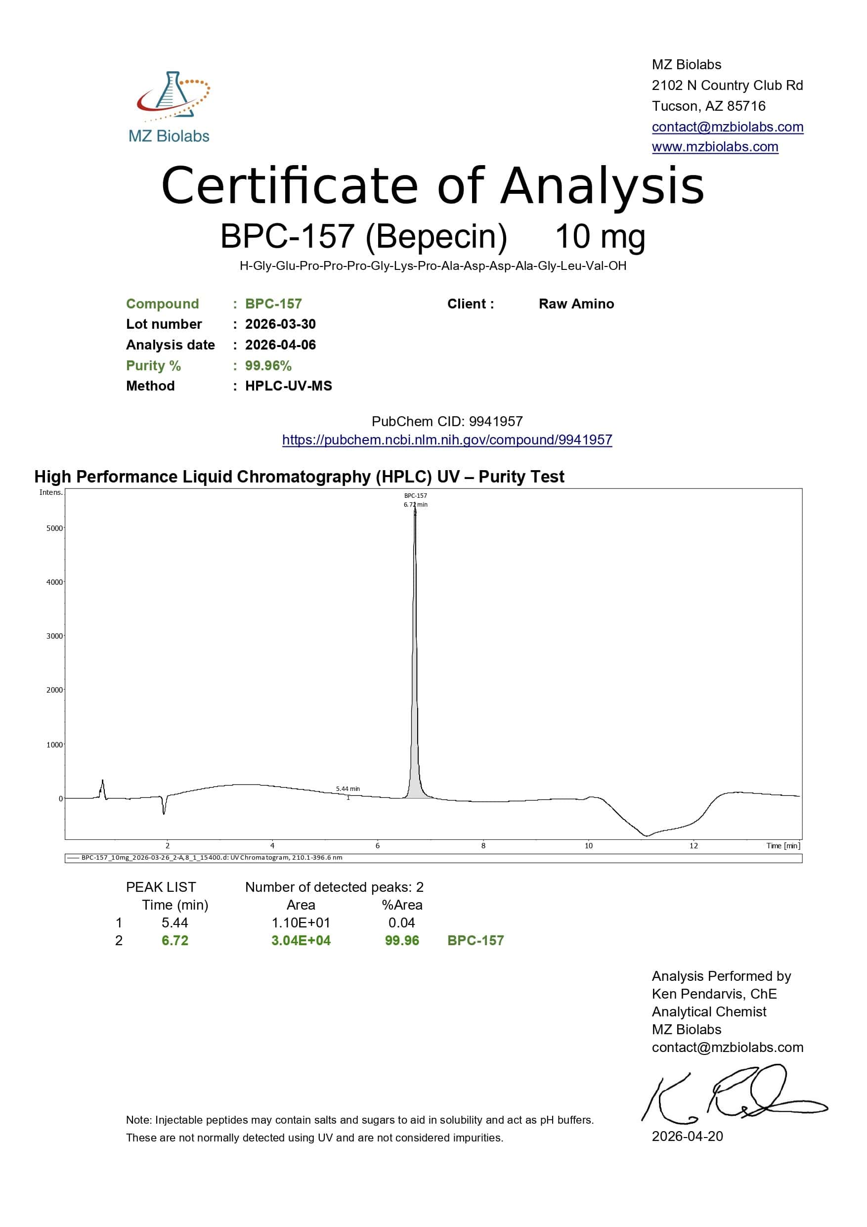 Certificate of Analysis - BPC-157 (10MG) Certificate of Analysis - BPC-157 (10MG)