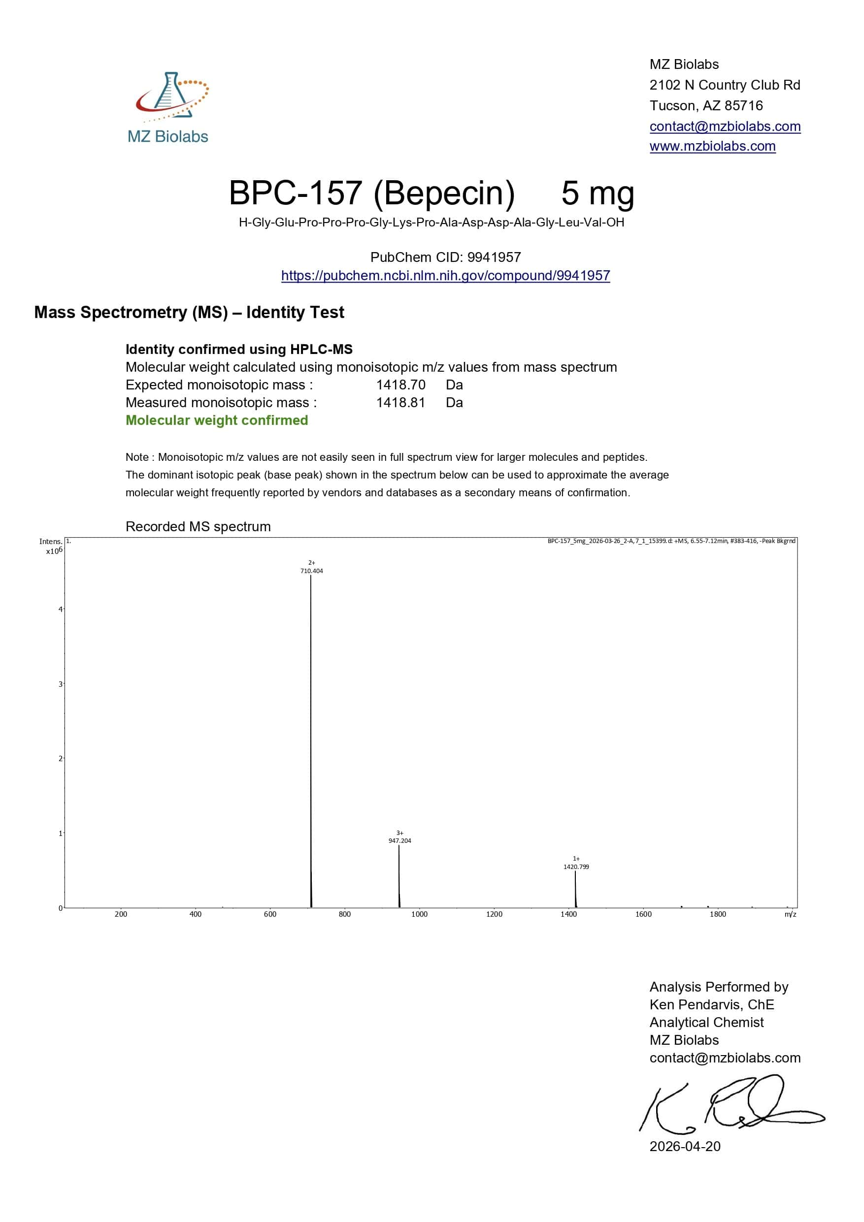 Mass Spectrometry - BPC-157 (5MG) Mass Spectrometry - BPC-157 (5MG)