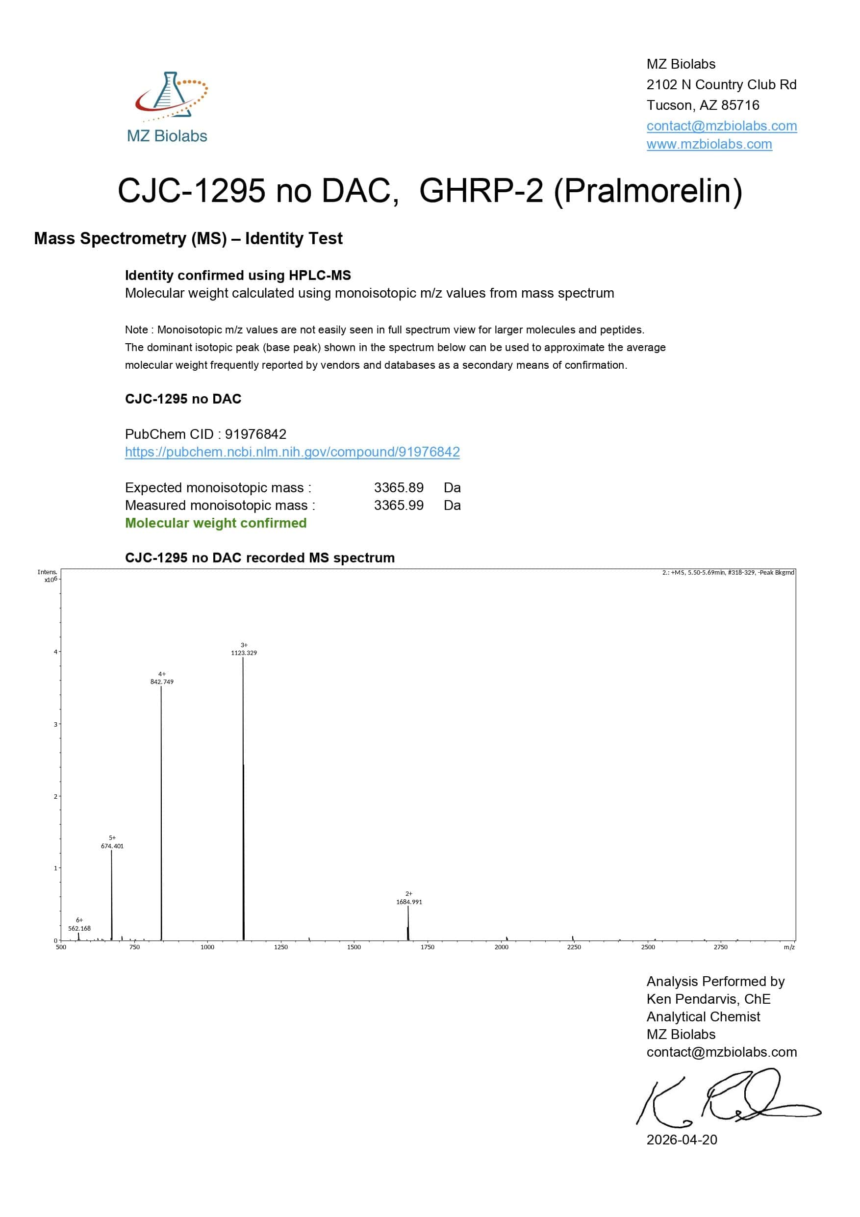 Mass Spectrometry - CJC-1295 no DAC