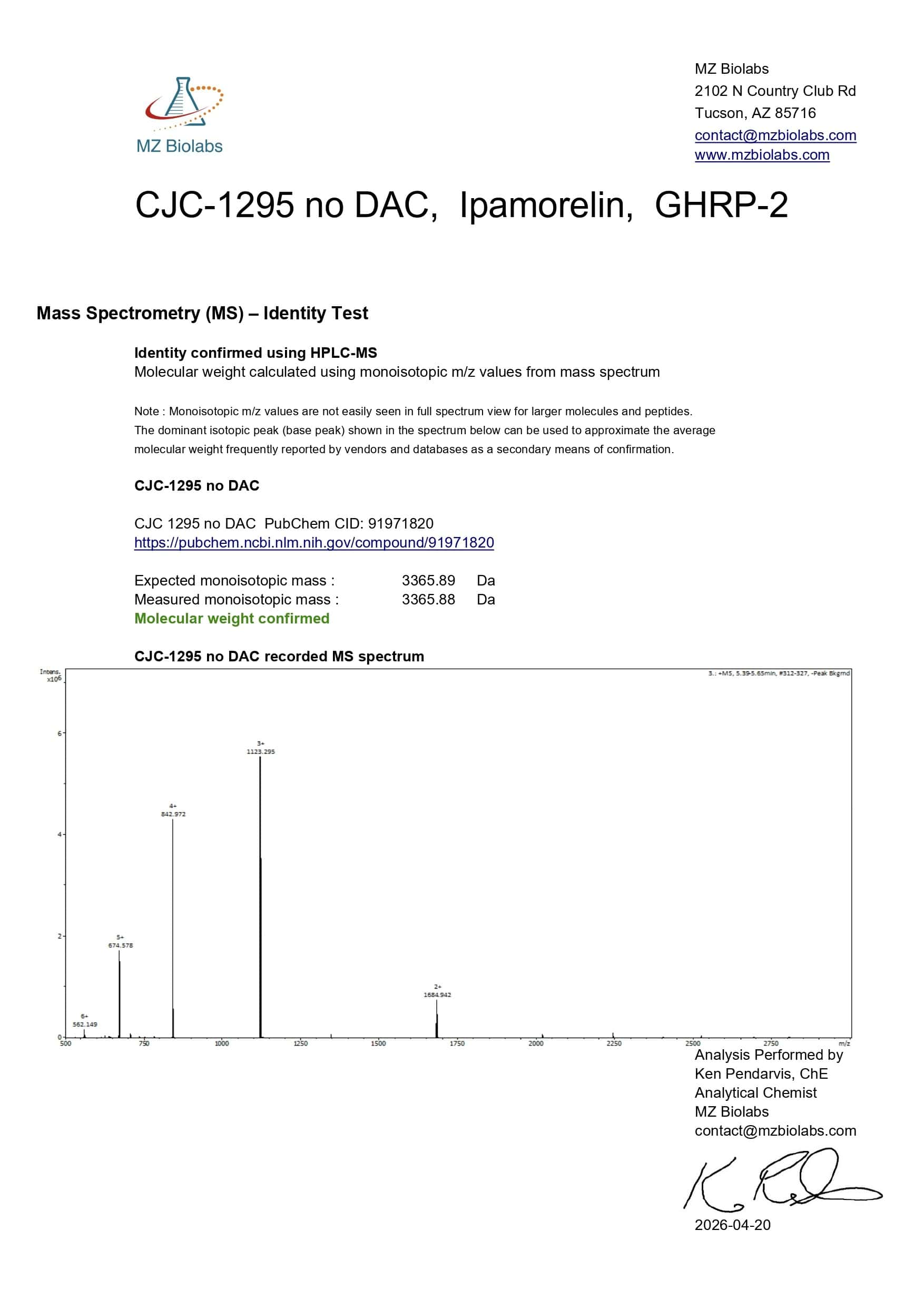 Mass Spectrometry - CJC-1295 (Mod GRF 1-29)