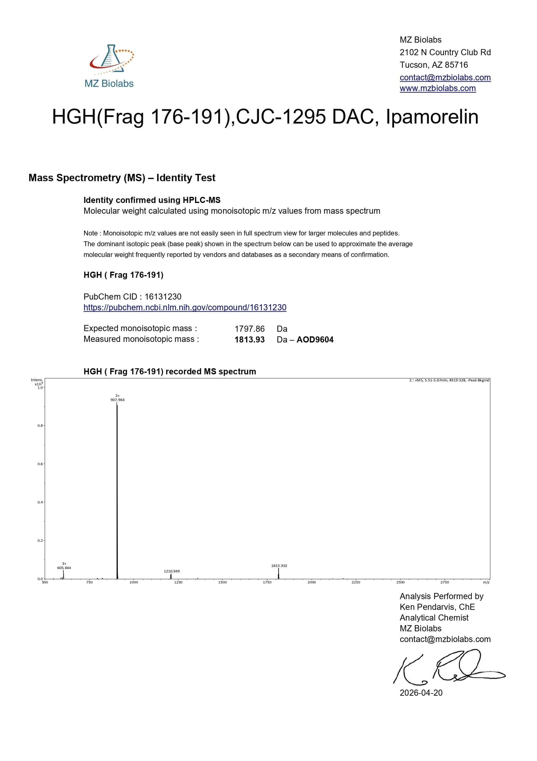 Mass Spectrometry - Fragment 176-191