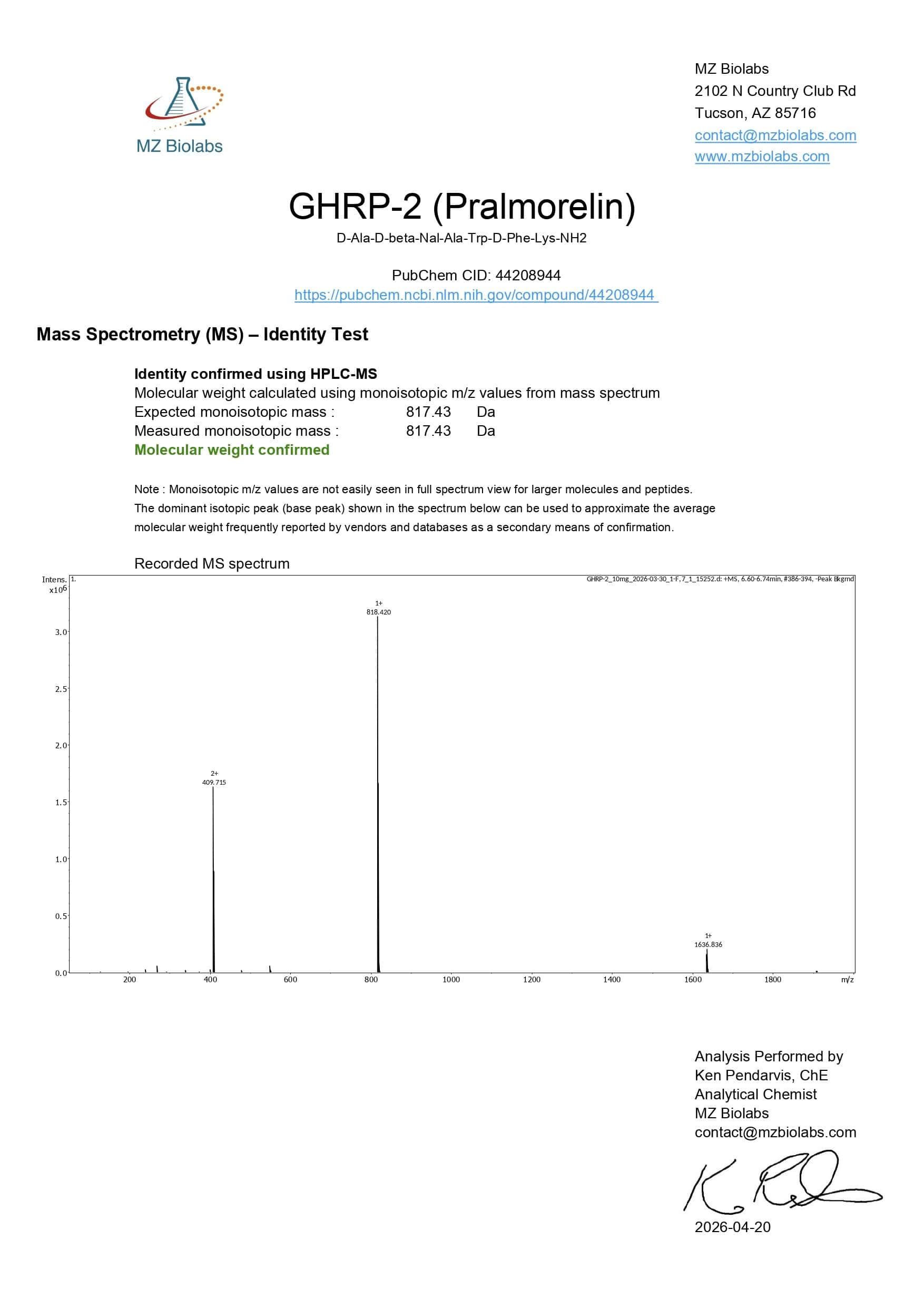 Mass Spectrometry - GHRP-2 (10MG)