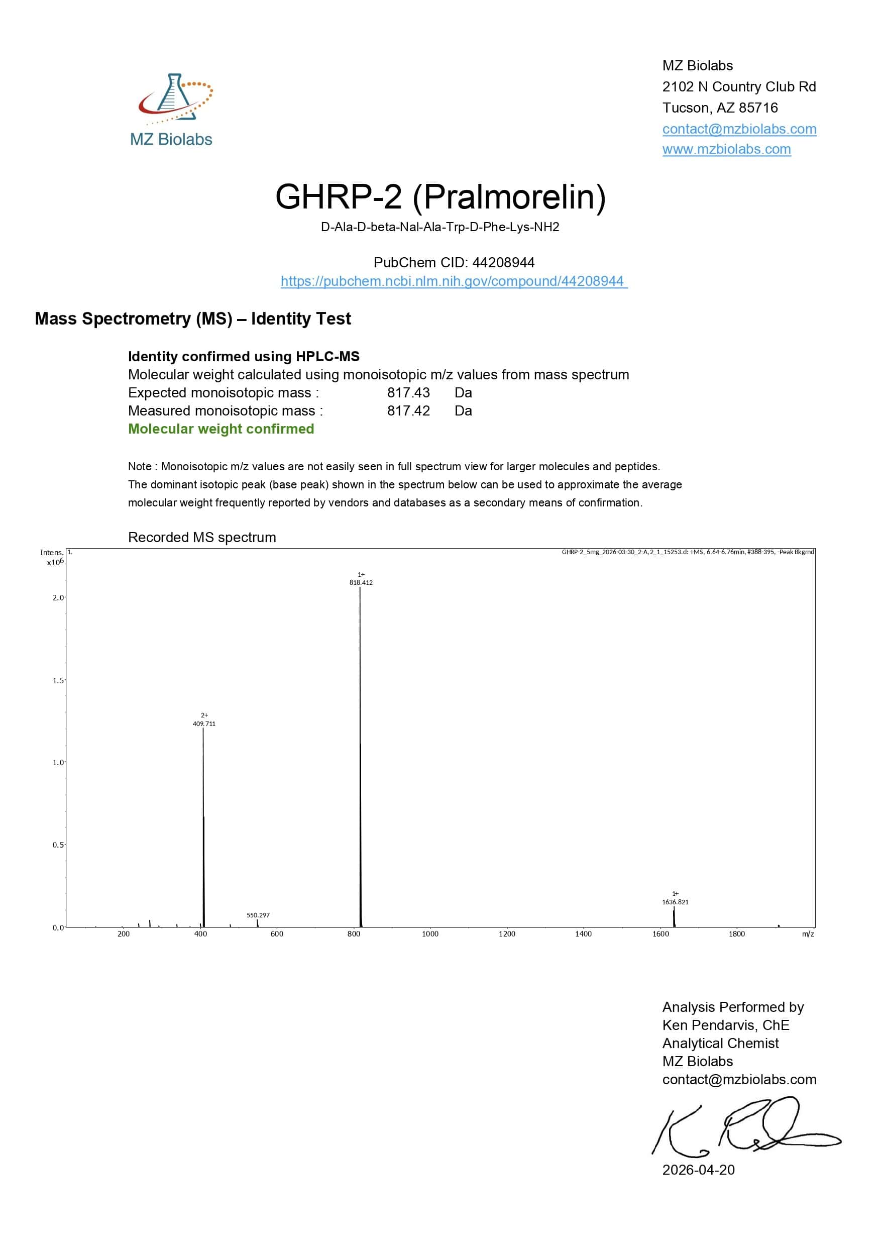Mass Spectrometry - GHRP-2 (5MG)