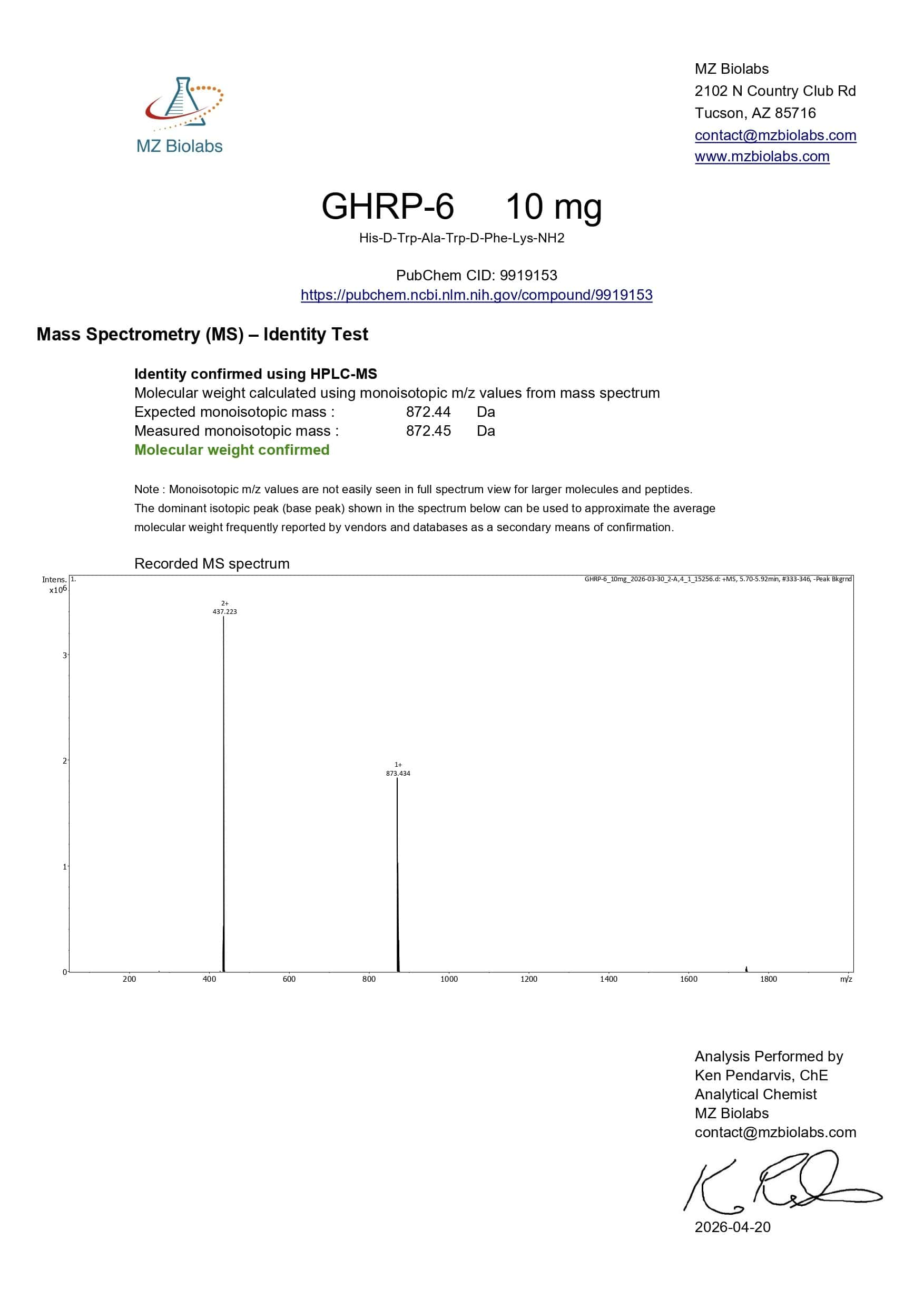 Mass Spectrometry - GHRP-6 (10MG) Mass Spectrometry - GHRP-6 (10MG)