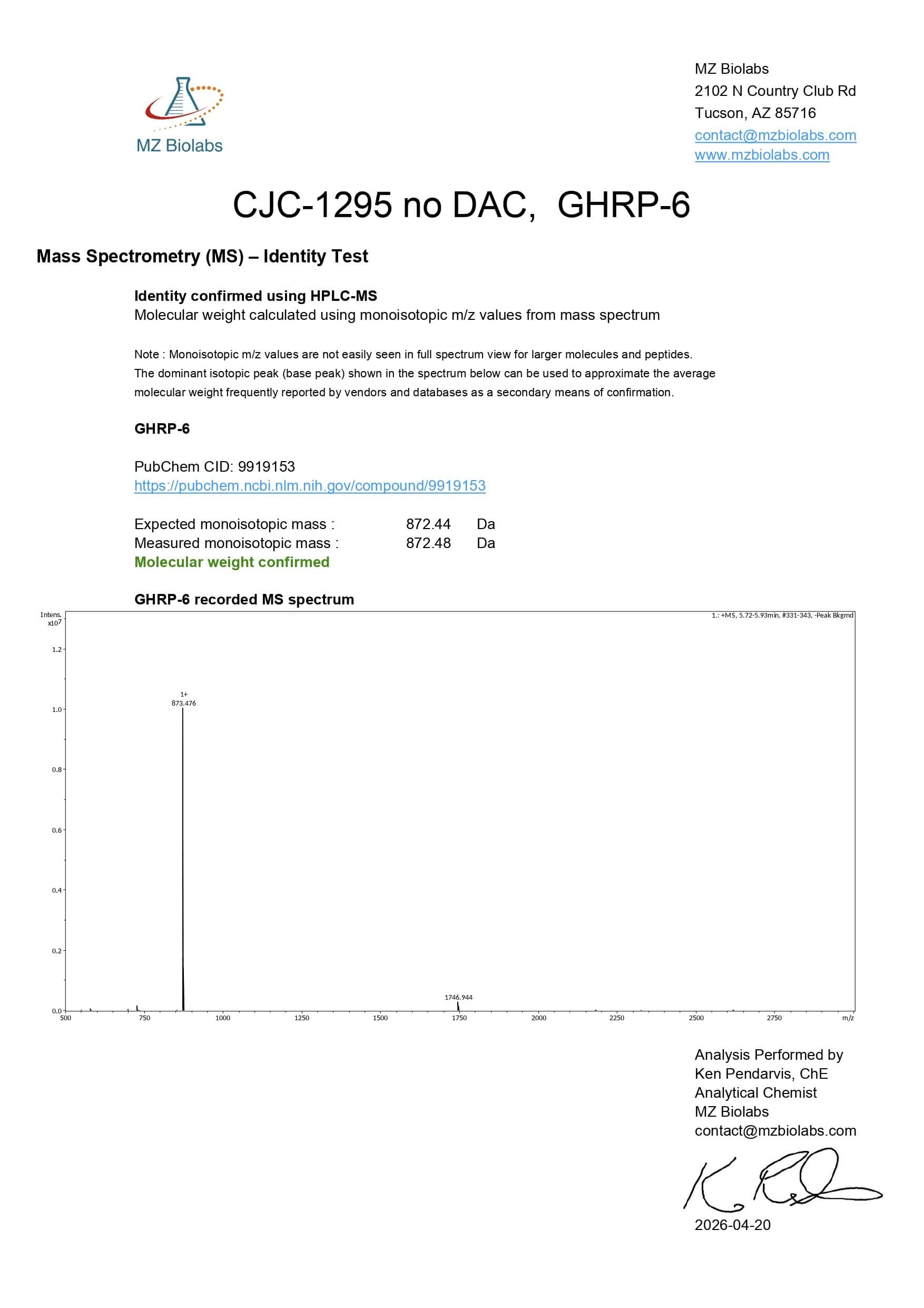 Mass Spectrometry - GHRP-6 Mass Spectrometry - GHRP-6