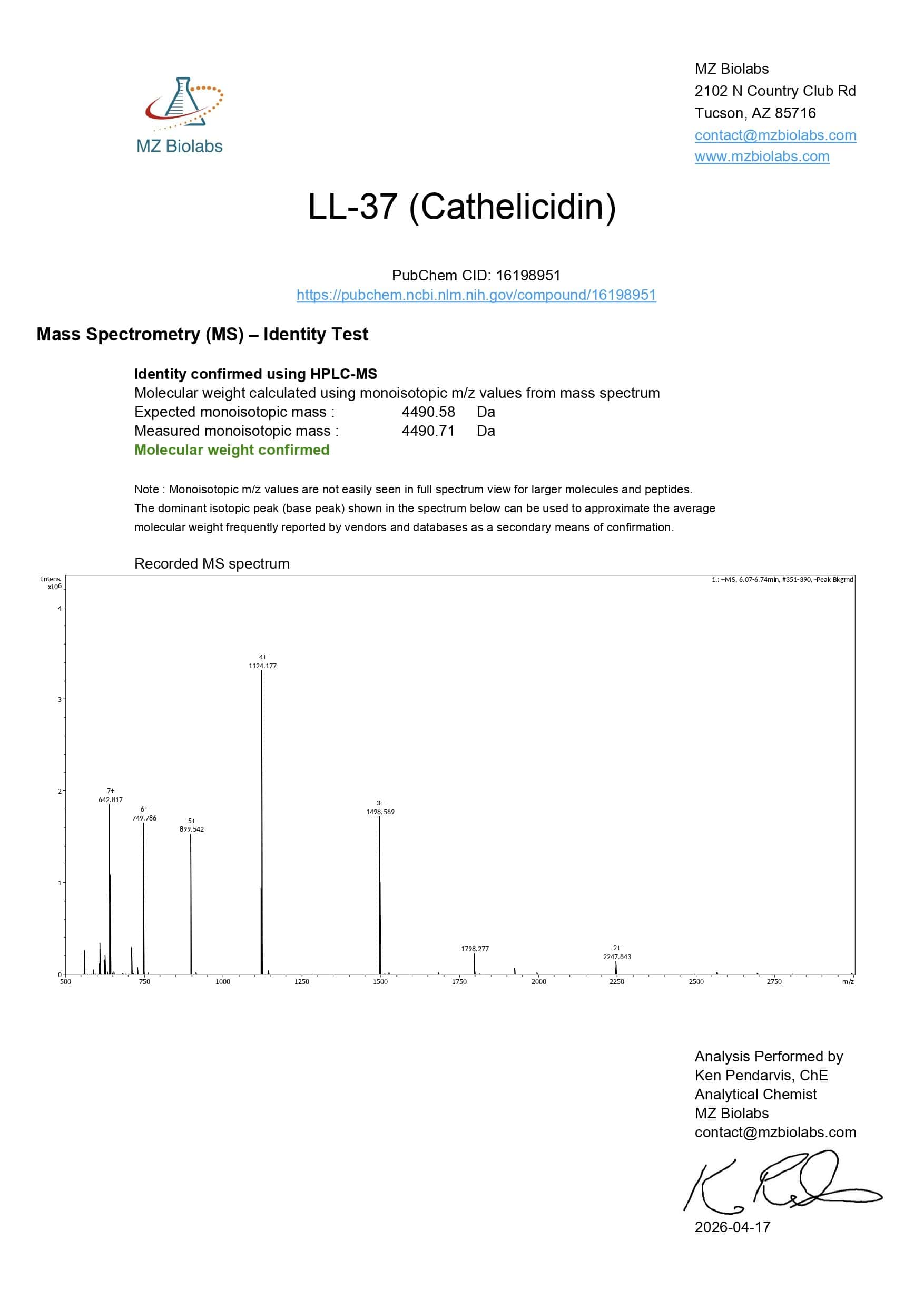 Mass Spectrometry - LL-37 Mass Spectrometry - LL-37