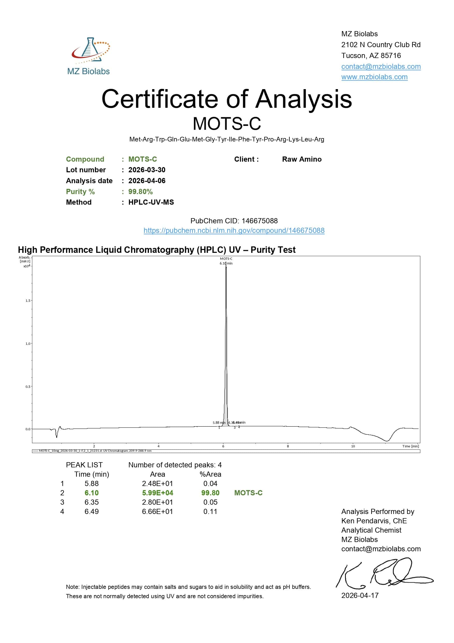 Certificate of Analysis - MOTS-C Certificate of Analysis - MOTS-C