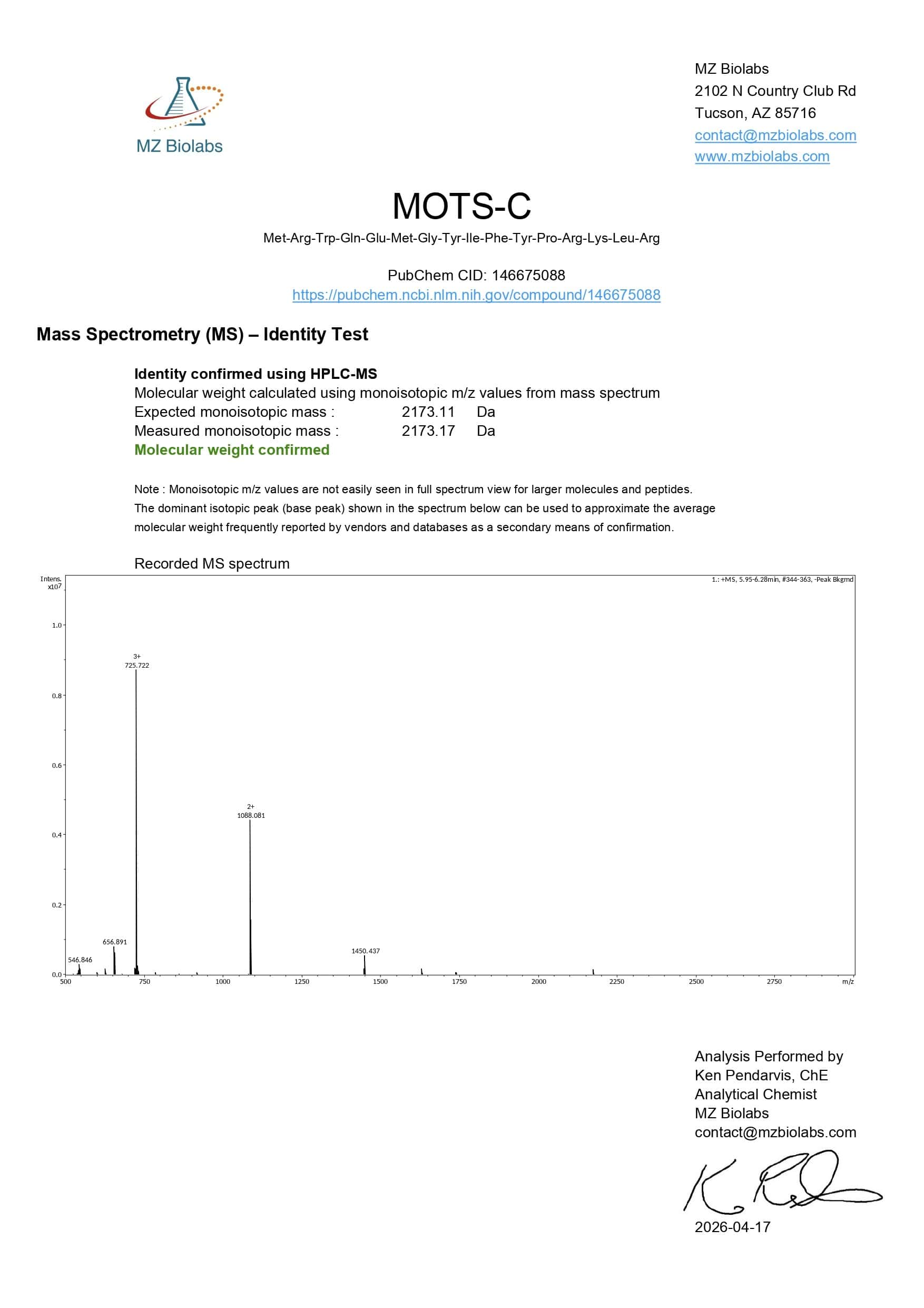 Mass Spectrometry - MOTS-C Mass Spectrometry - MOTS-C