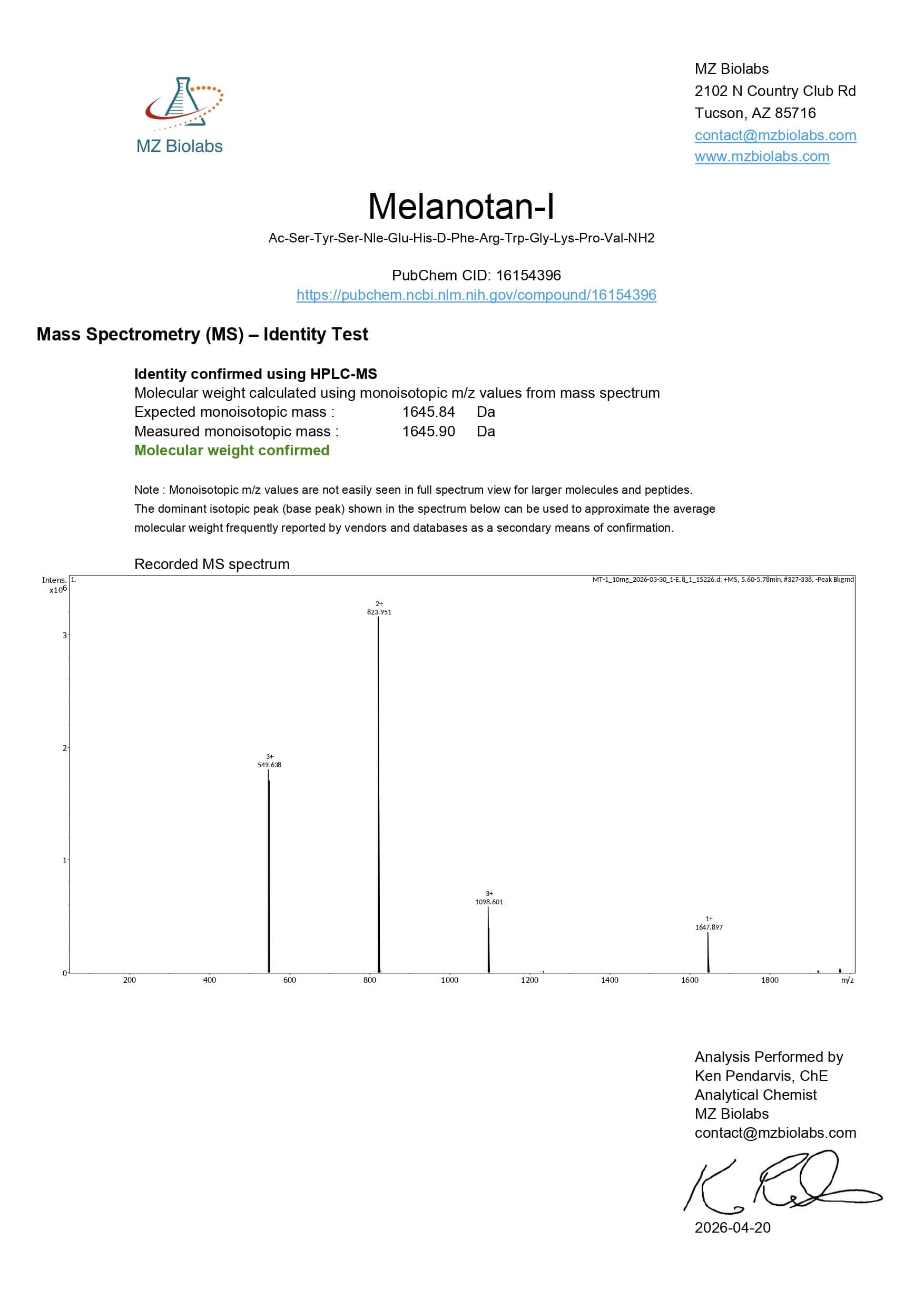 Mass Spectrometry - Melanotan 1 Mass Spectrometry - Melanotan 1