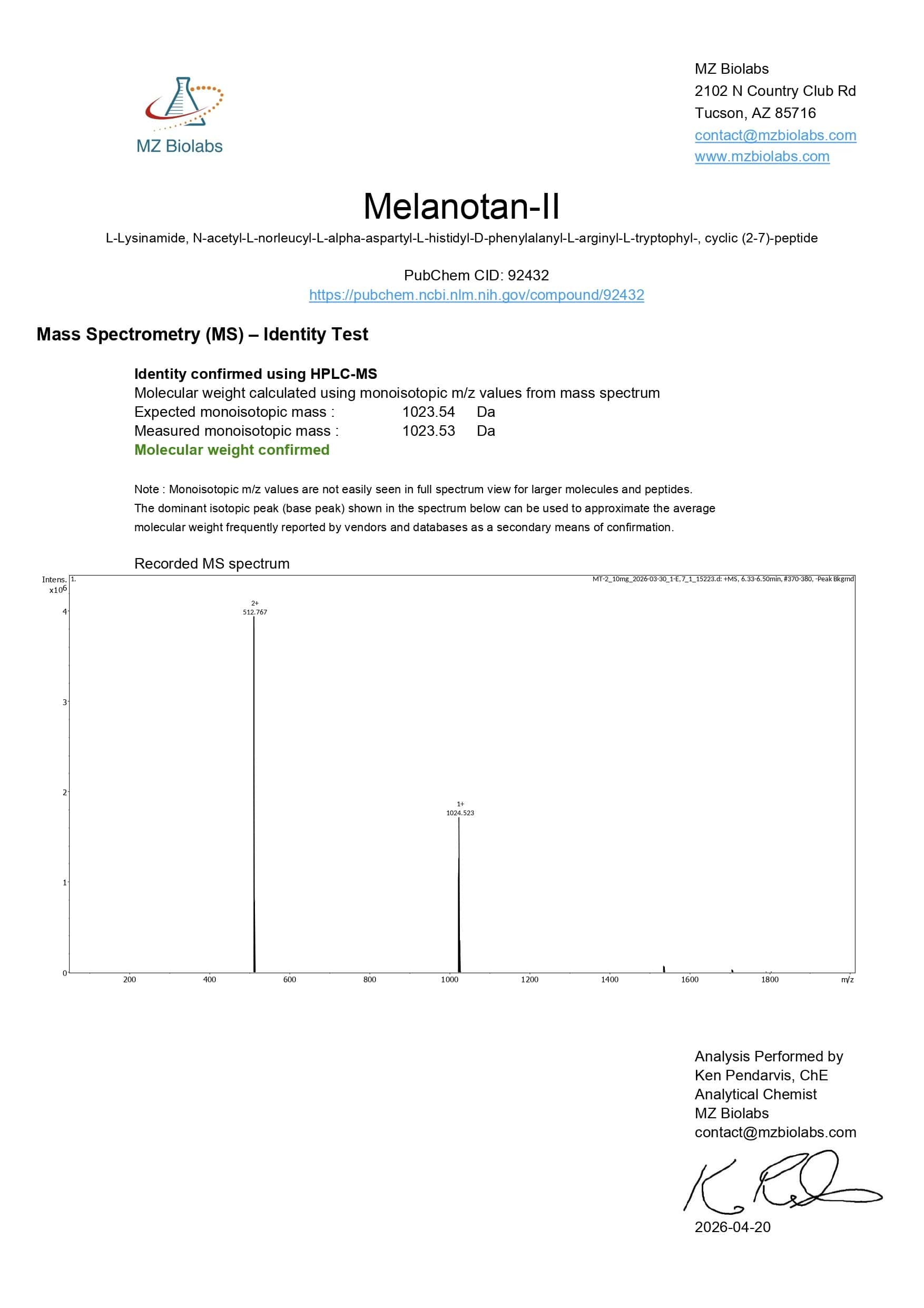 Mass Spectrometry - Melanotan 2 Mass Spectrometry - Melanotan 2