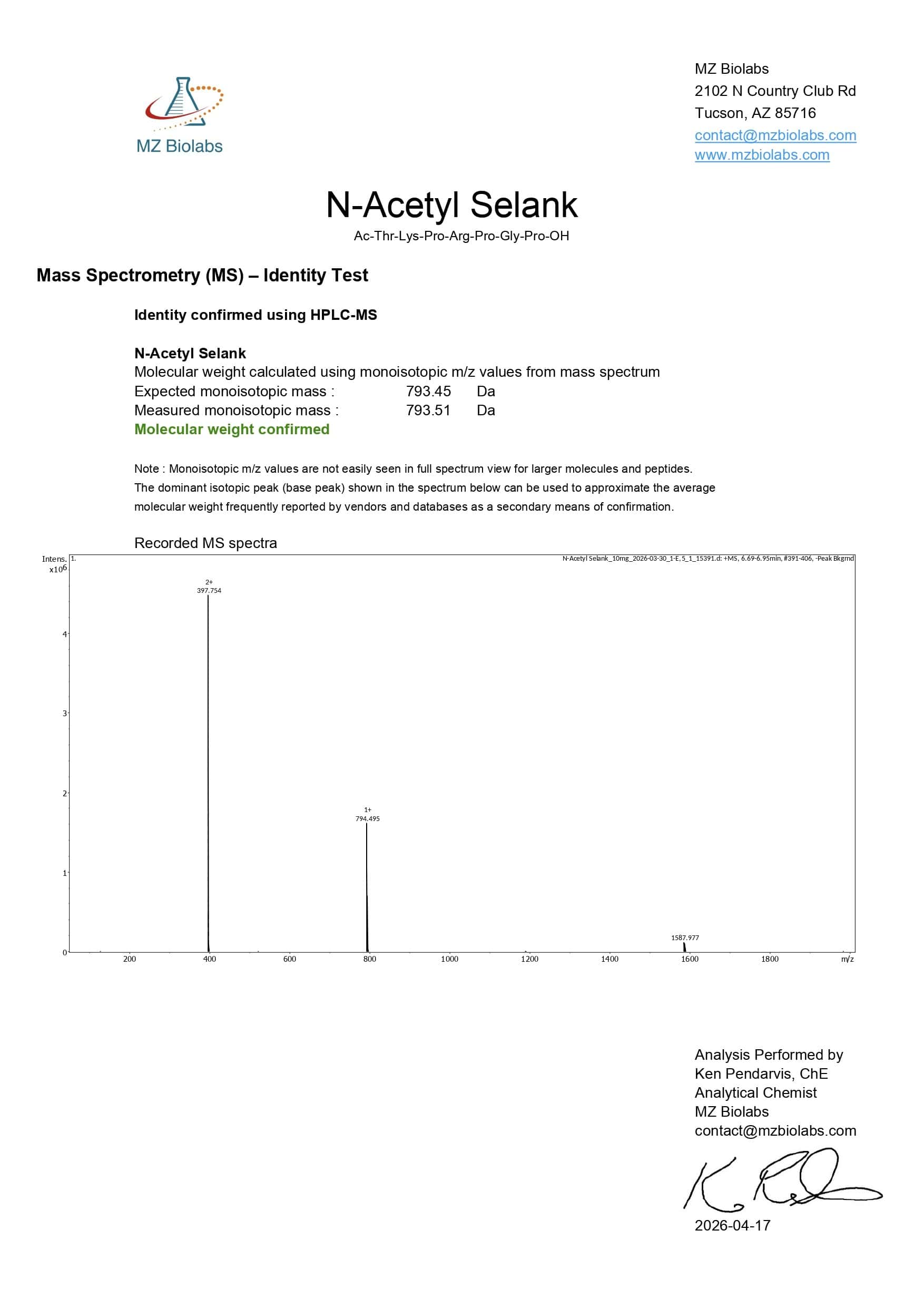 Mass Spectrometry - N-Acetyl Selank