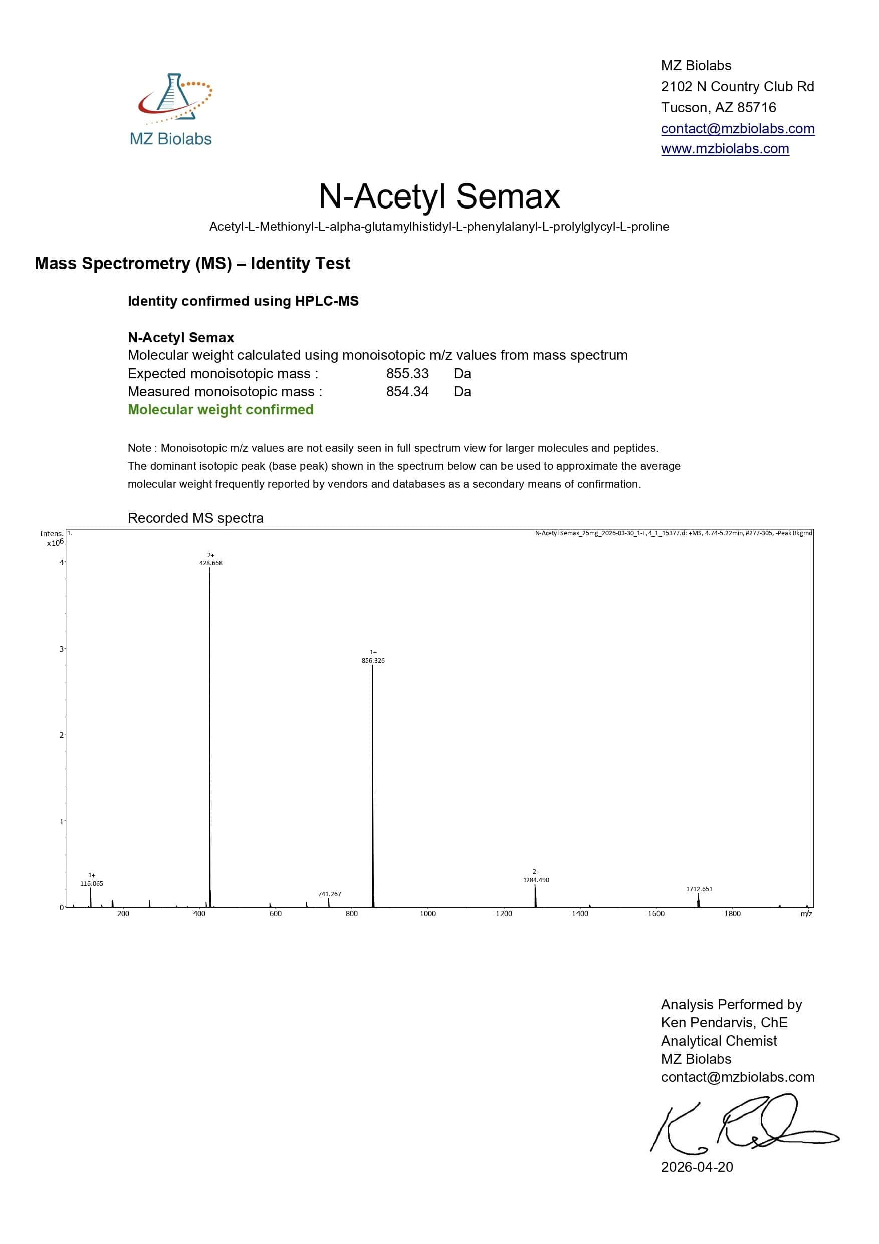Mass Spectrometry - N-Acetyl Semax