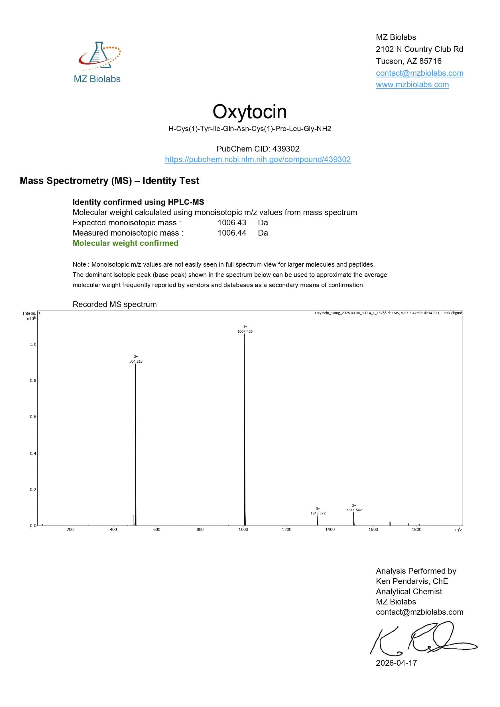 Mass Spectrometry - Oxytocin Mass Spectrometry - Oxytocin