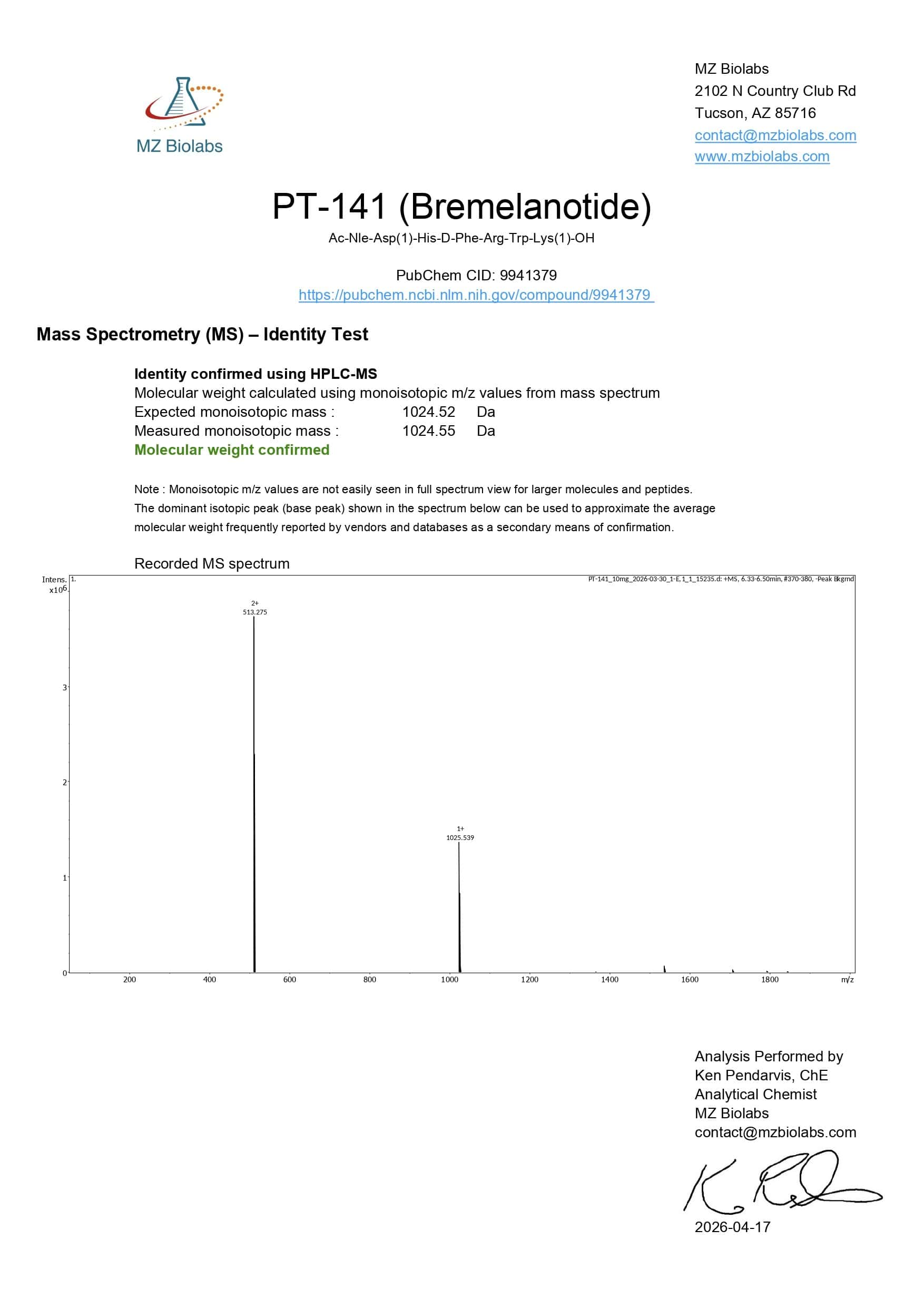 Mass Spectrometry - PT-141
