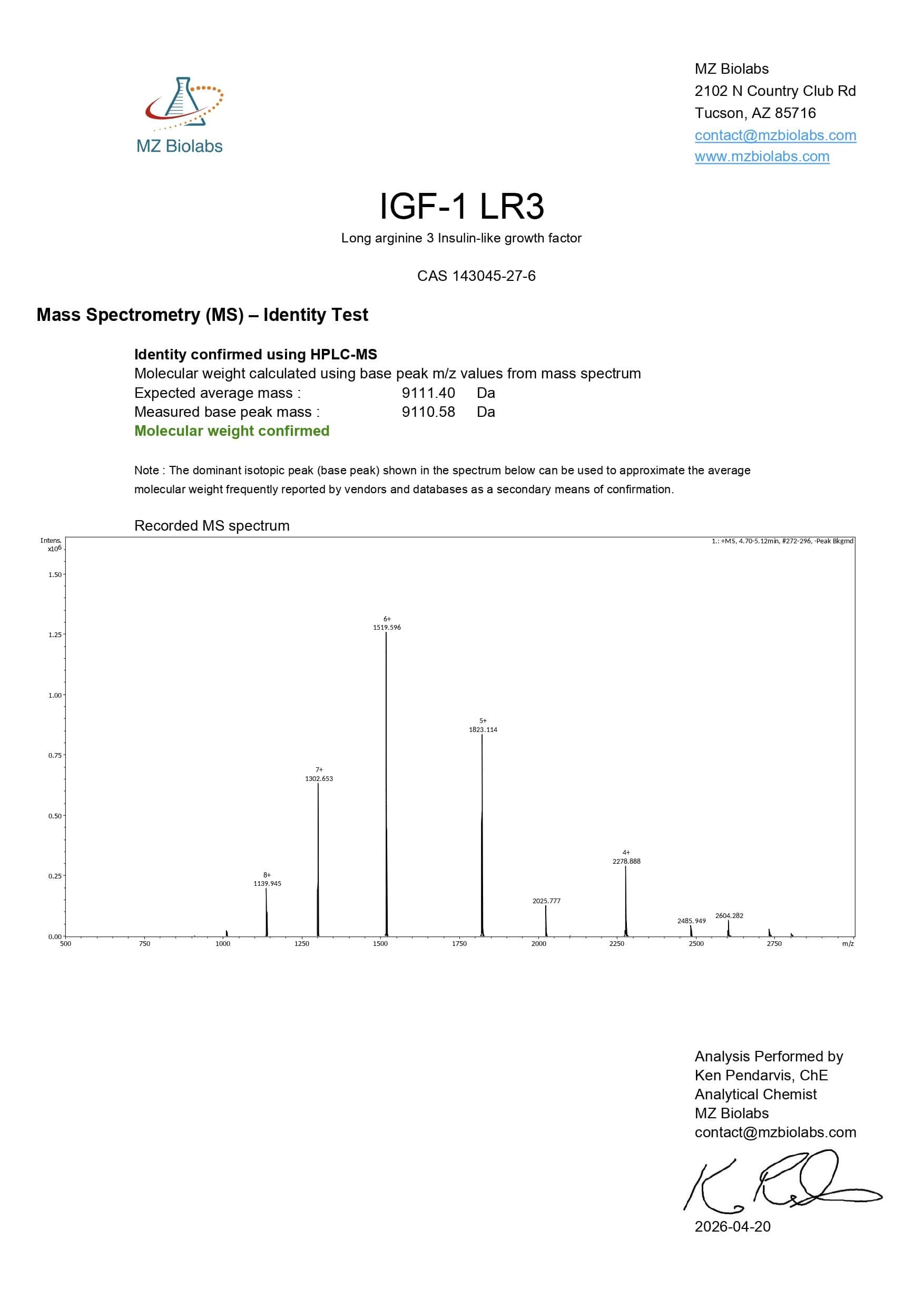 Mass Spectrometry - Receptor Grade IGF-1 LR3