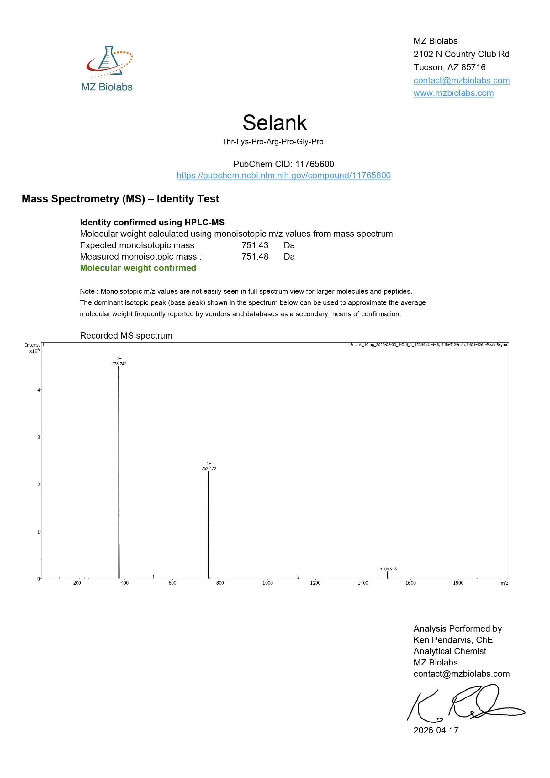 Mass Spectrometry - Selank Mass Spectrometry - Selank