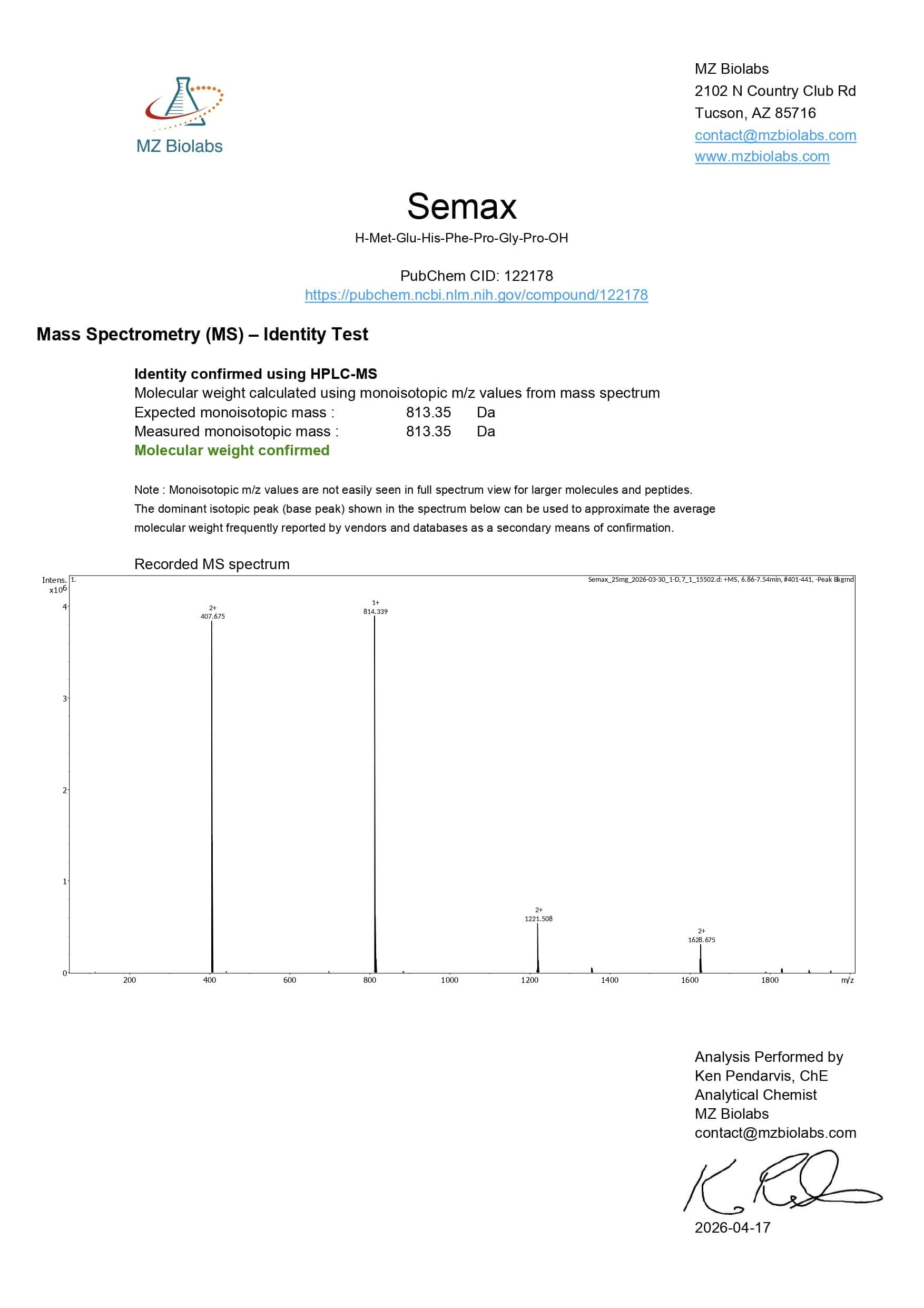 Mass Spectrometry - Semax Mass Spectrometry - Semax