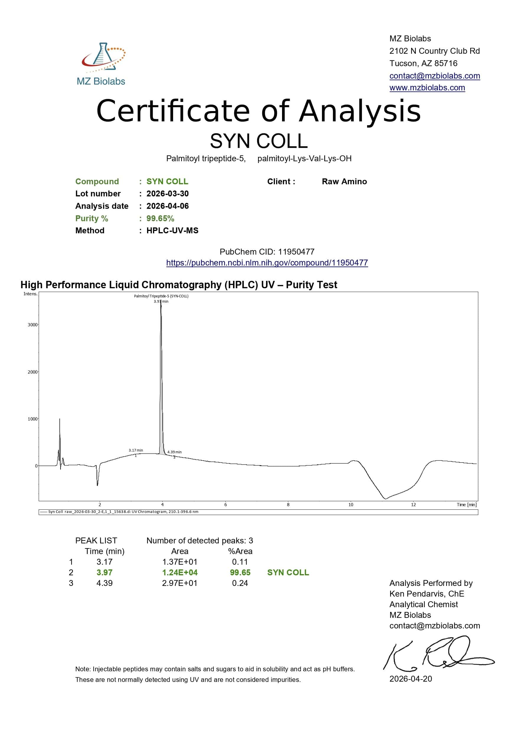 Certificate of Analysis - Syn-Coll (Palmitoyl Tripeptide-5) Certificate of Analysis - Syn-Coll (Palmitoyl Tripeptide-5)