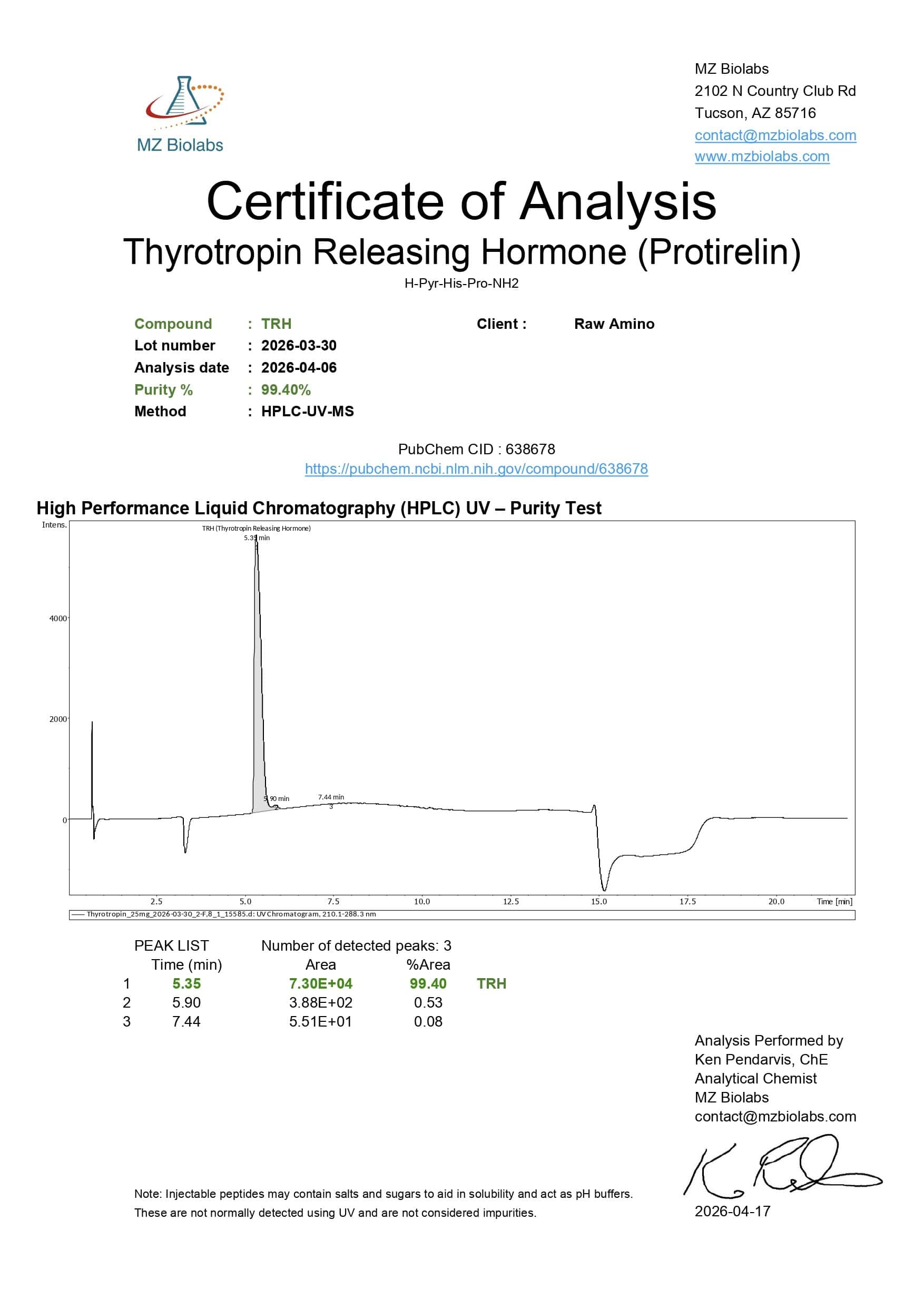 Certificate of Analysis - Thyrotropin TRH