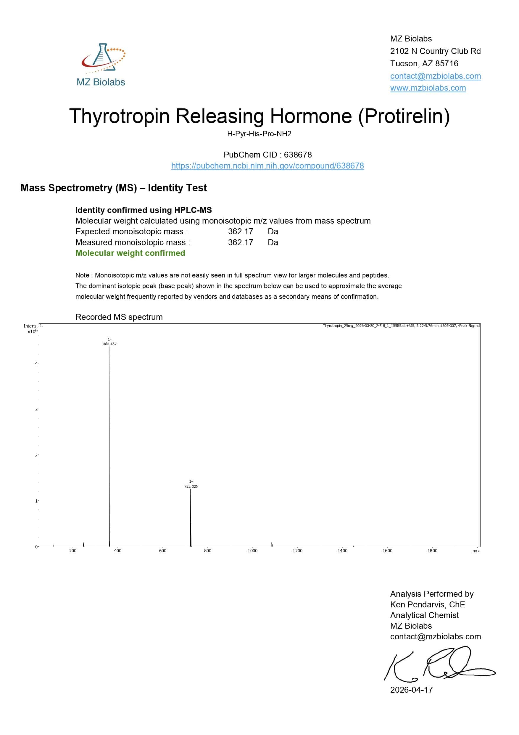 Mass Spectrometry - Thyrotropin TRH