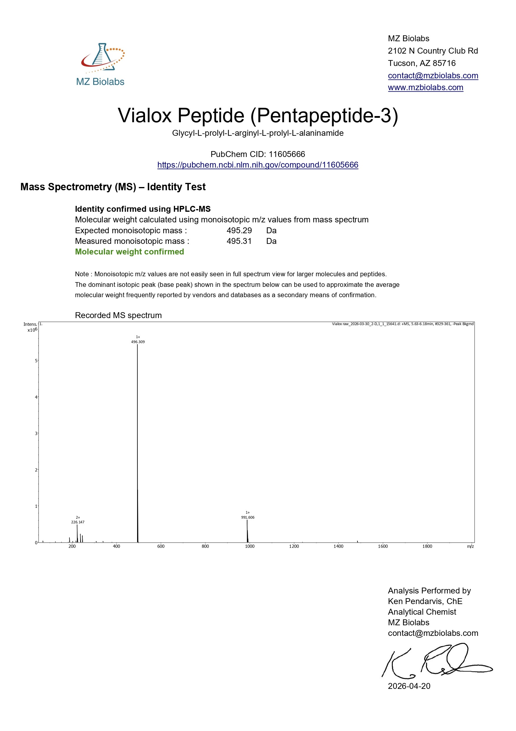Mass Spectrometry - Vialox (Pentapeptide-3V) Mass Spectrometry - Vialox (Pentapeptide-3V)