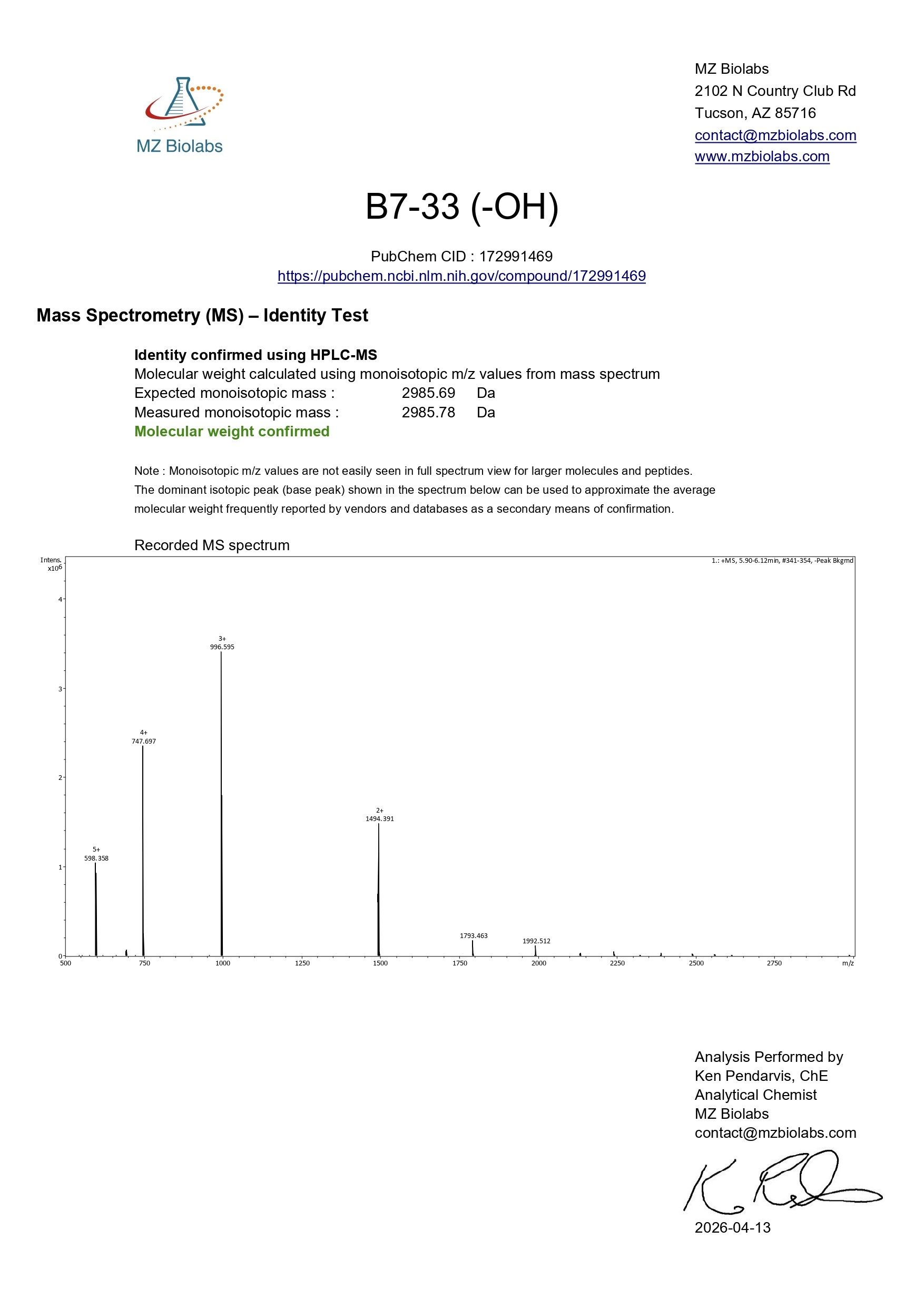 Mass Spectrometry - B7-33 (6MG) Mass Spectrometry - B7-33 (6MG)