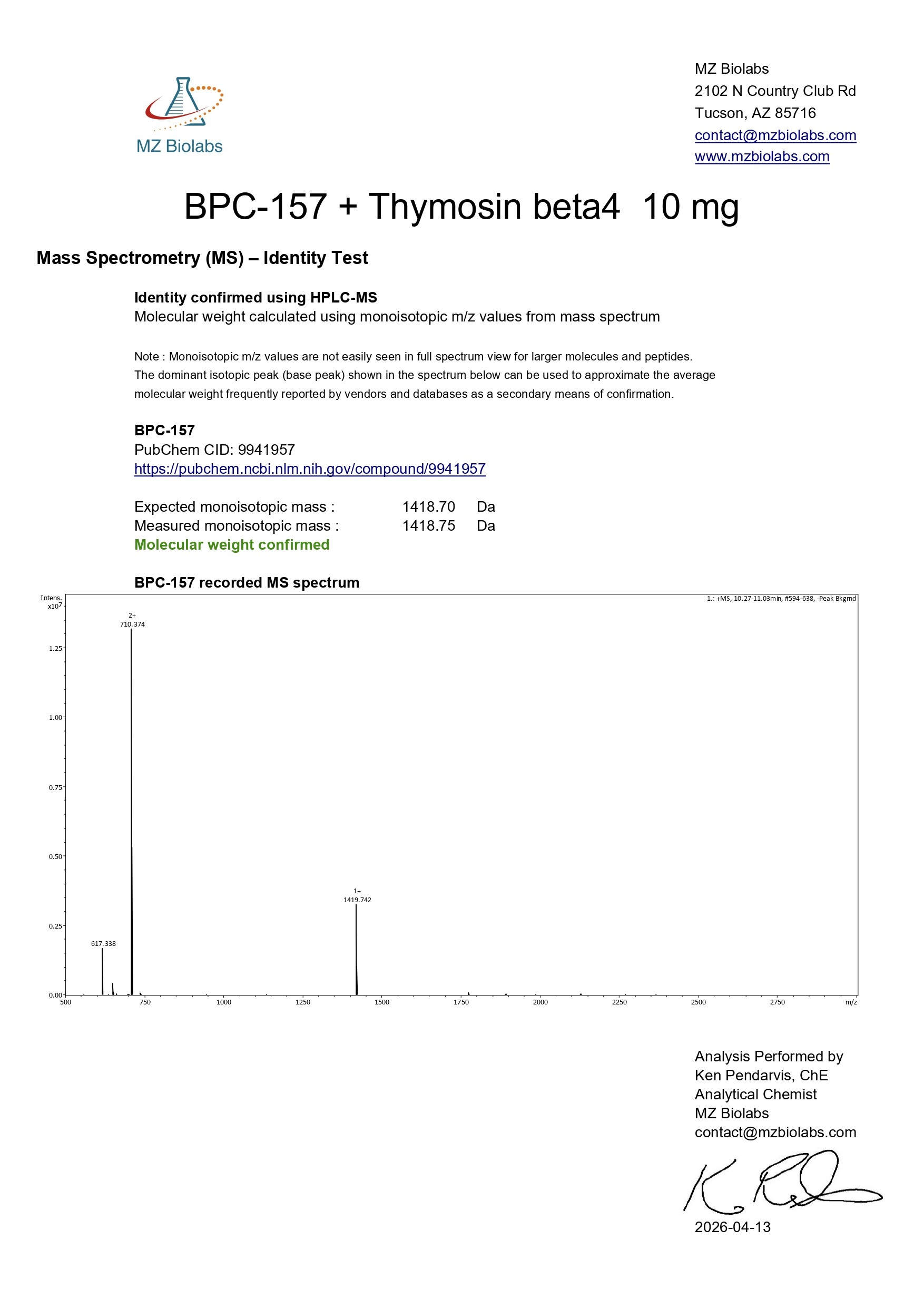Mass Spectrometry - BPC-157 & TB-500 (10MG) - BPC-157