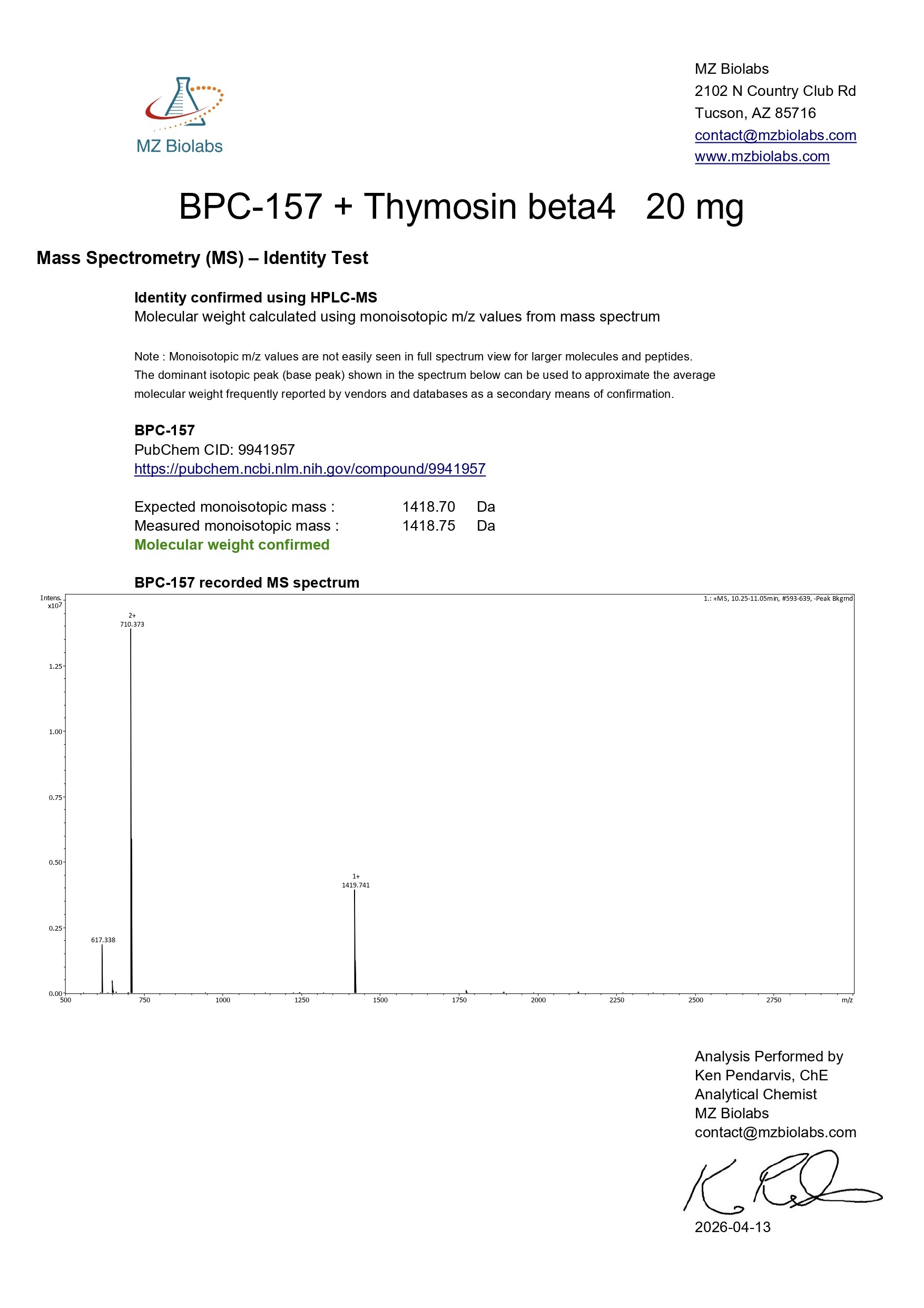Mass Spectrometry - BPC-157 & TB-500 (20MG) - BPC-157