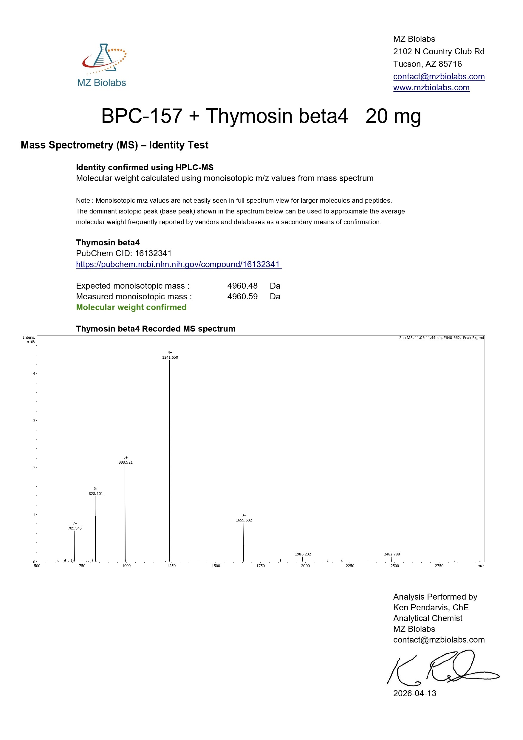 Mass Spectrometry - BPC-157 & TB-500 (20MG) - TB-500