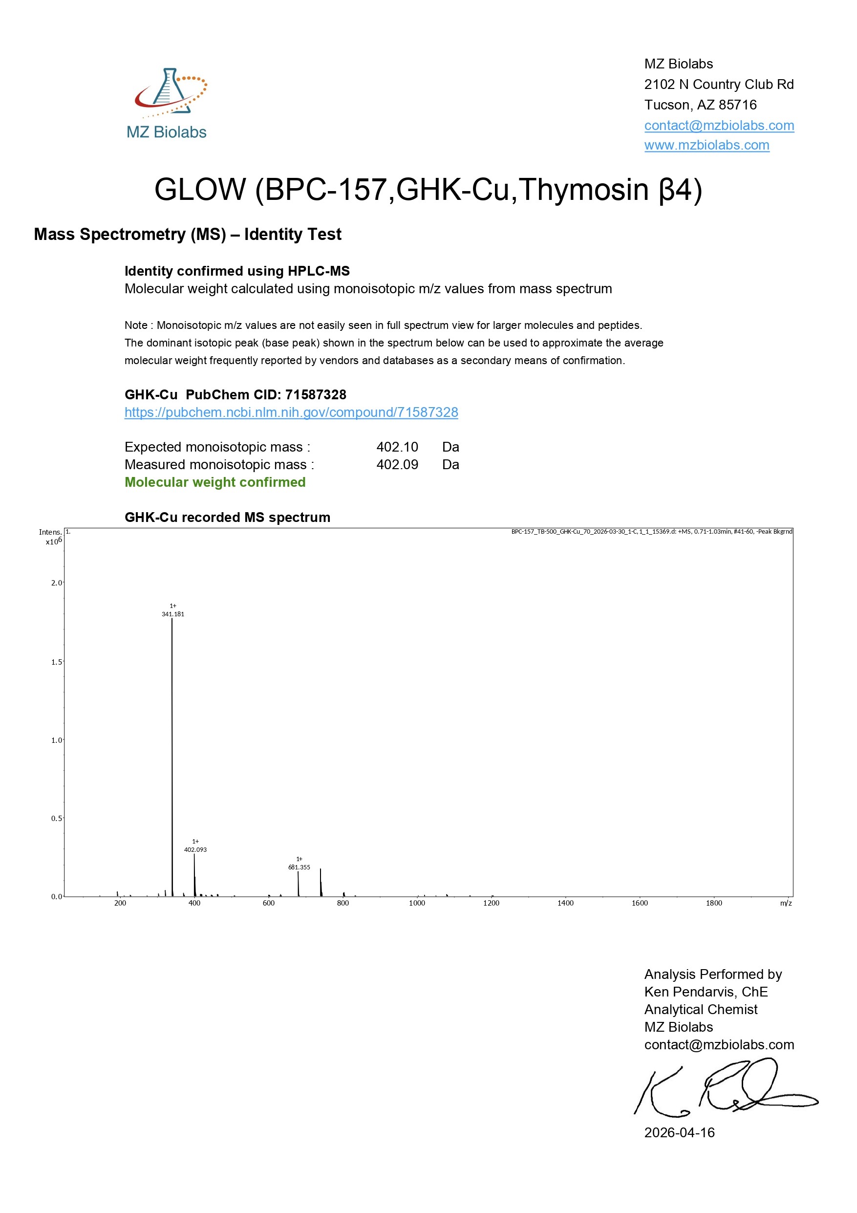 Mass Spectrometry - BPC-157 & TB-500 & GHK-Cu (70MG) - GHK-Cu Mass Spectrometry - BPC-157 & TB-500 & GHK-Cu (70MG) - GHK-Cu