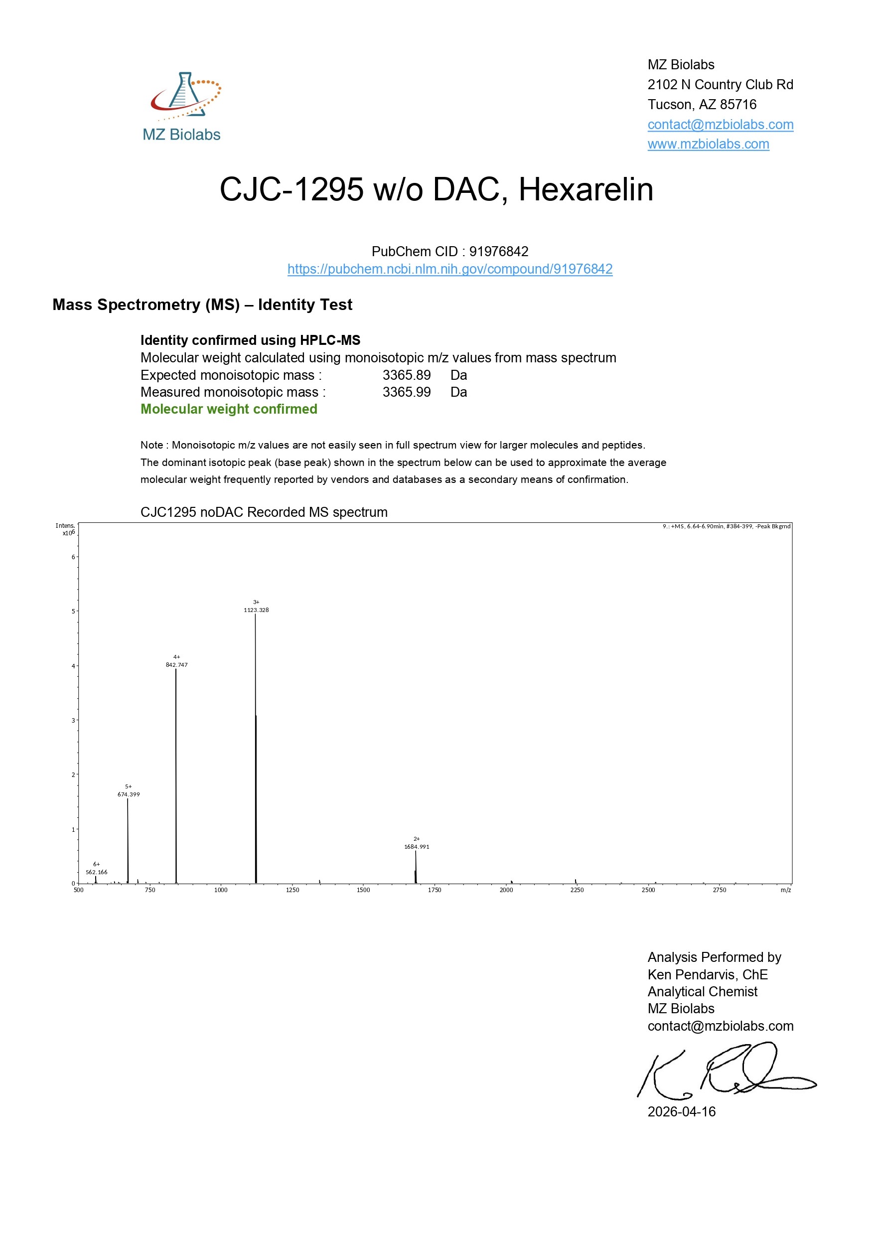 Mass Spectrometry - CJC-1295 (no DAC) & Hexarelin (10MG) - CJC-1295 (no DAC) Mass Spectrometry - CJC-1295 (no DAC) & Hexarelin (10MG) - CJC-1295 (no DAC)