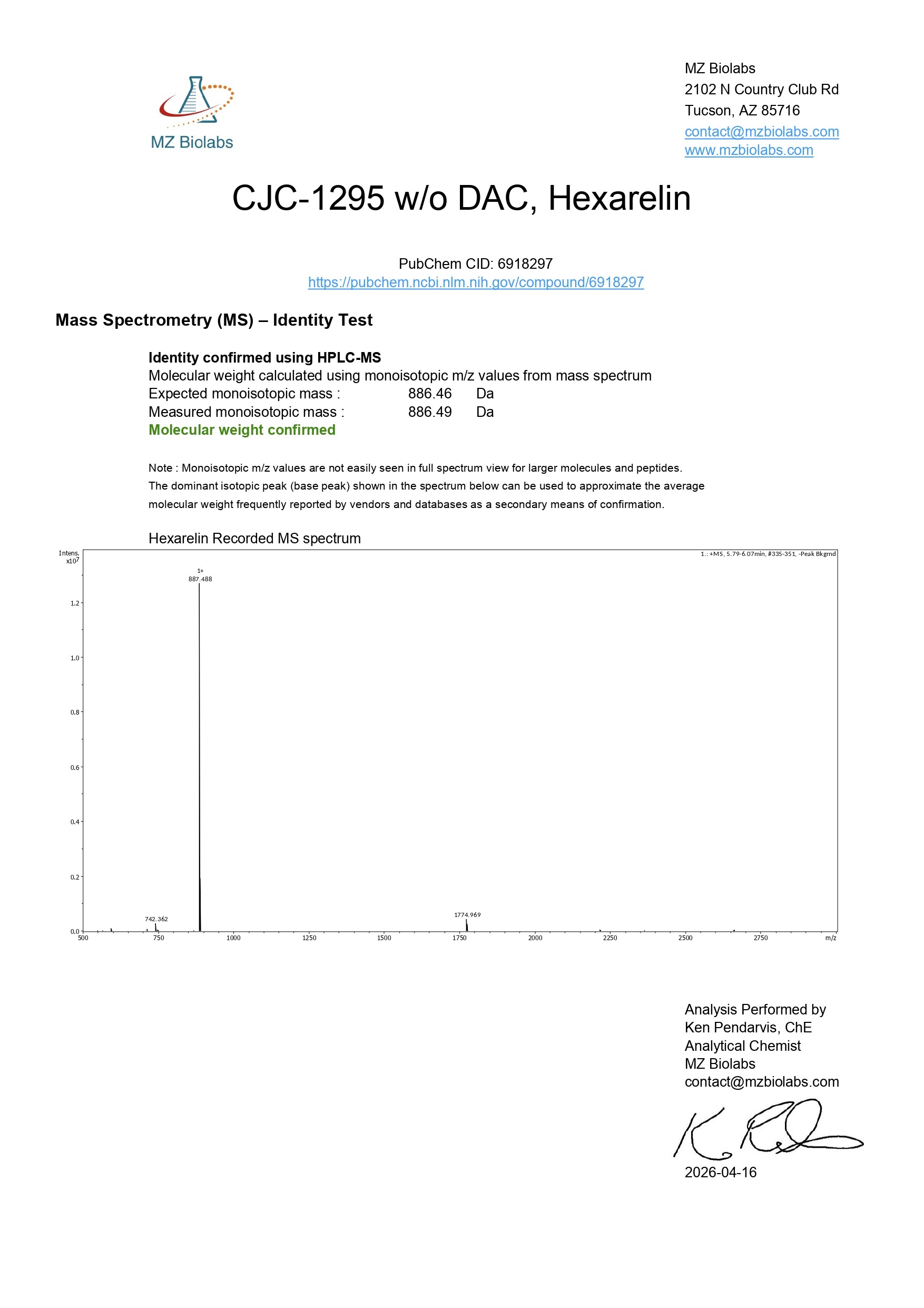 Mass Spectrometry - CJC-1295 (no DAC) & Hexarelin (10MG) - Hexarelin Mass Spectrometry - CJC-1295 (no DAC) & Hexarelin (10MG) - Hexarelin