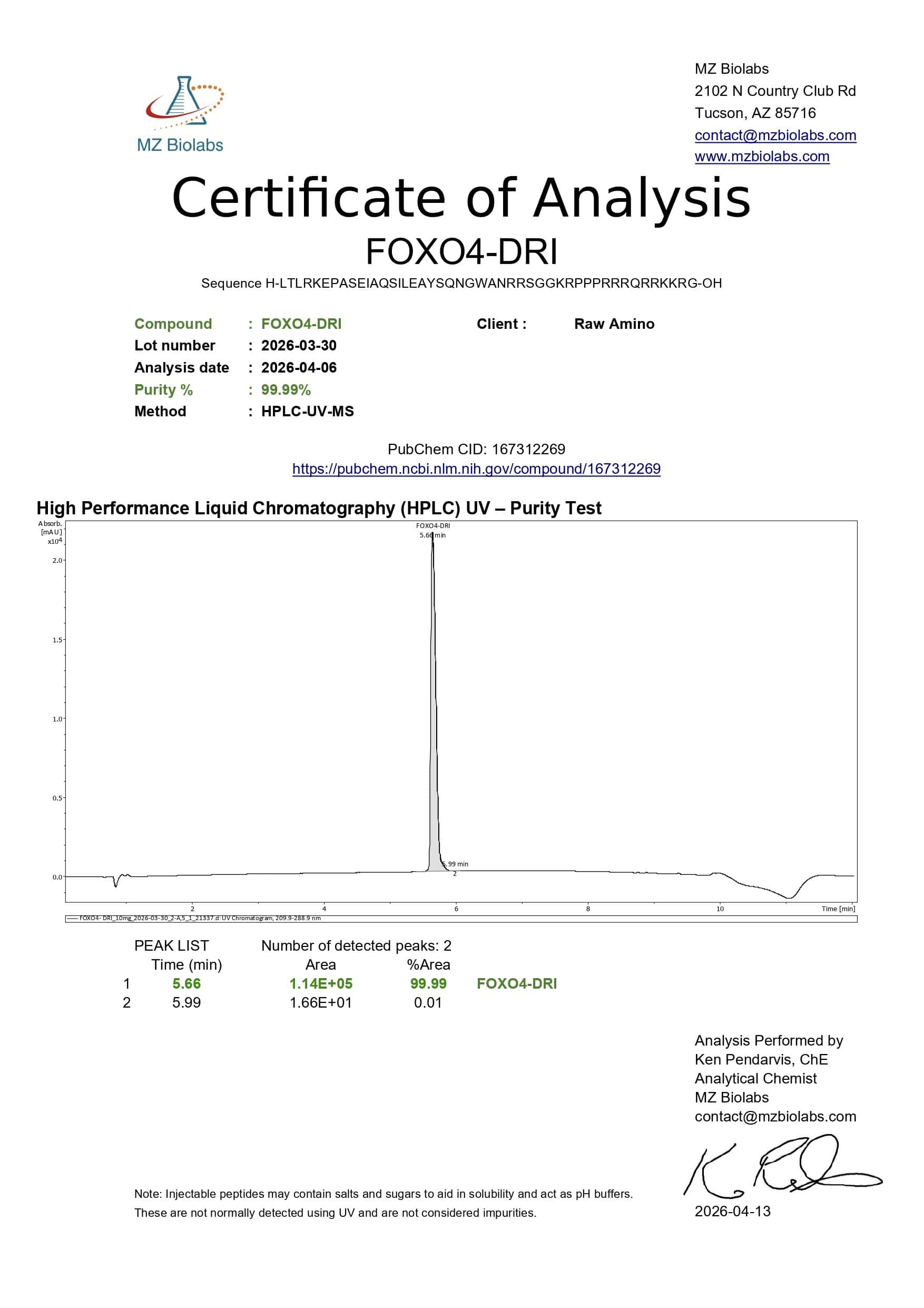 Certificate of Analysis - FOXO4-DRI (10MG) Certificate of Analysis - FOXO4-DRI (10MG)