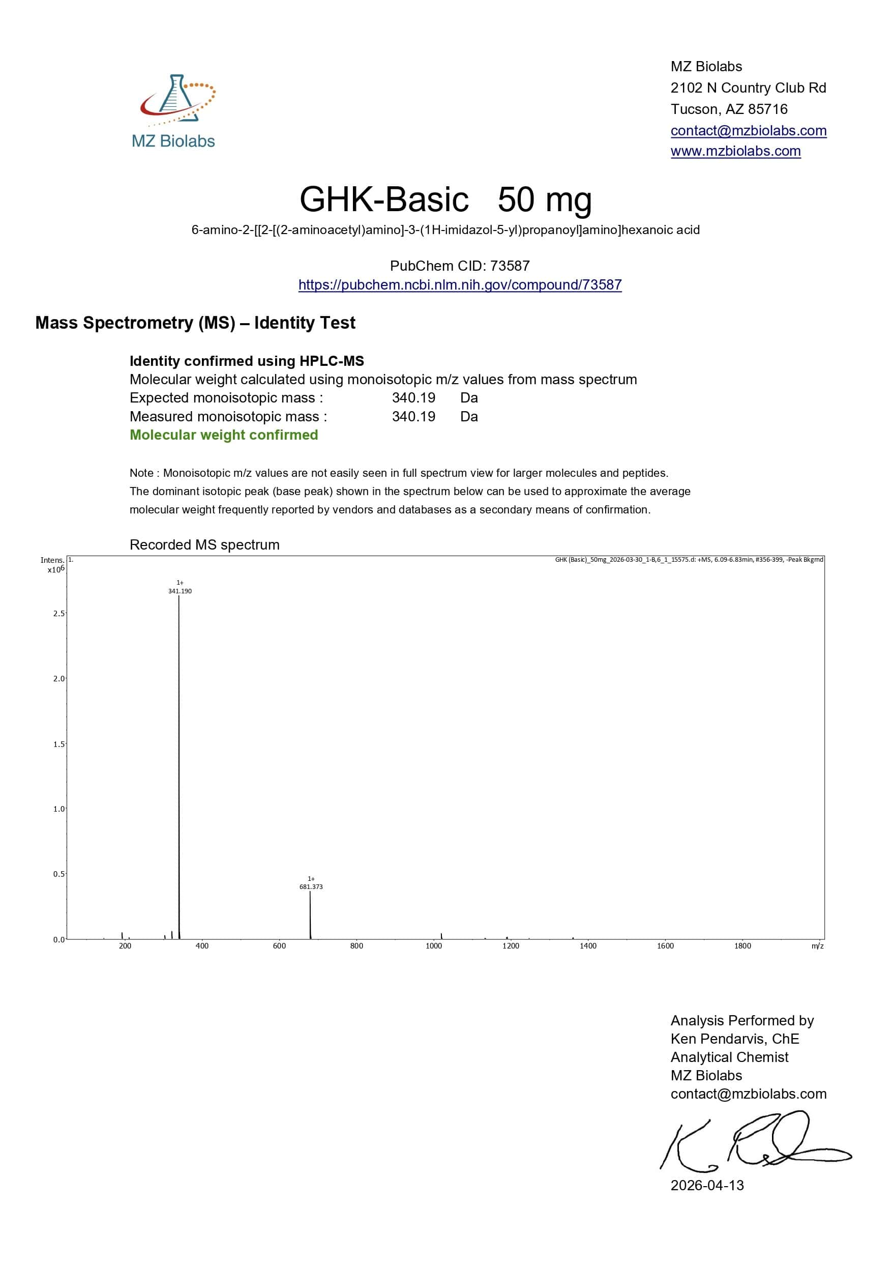Mass Spectrometry - GHK Basic (50MG) Mass Spectrometry - GHK Basic (50MG)