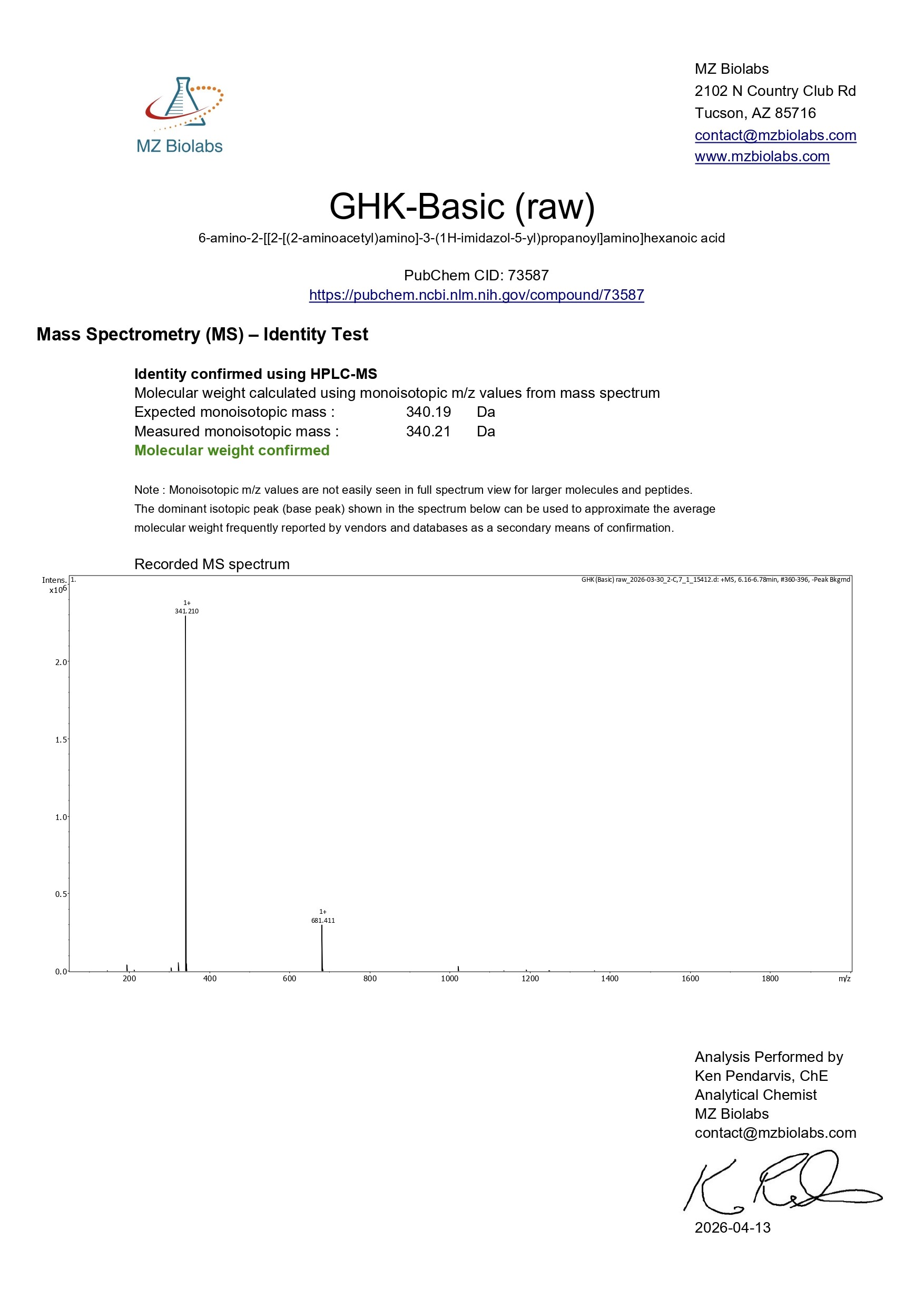 Mass Spectrometry - GHK Basic (Tripeptide-1) (200MG) Mass Spectrometry - GHK Basic (Tripeptide-1) (200MG)
