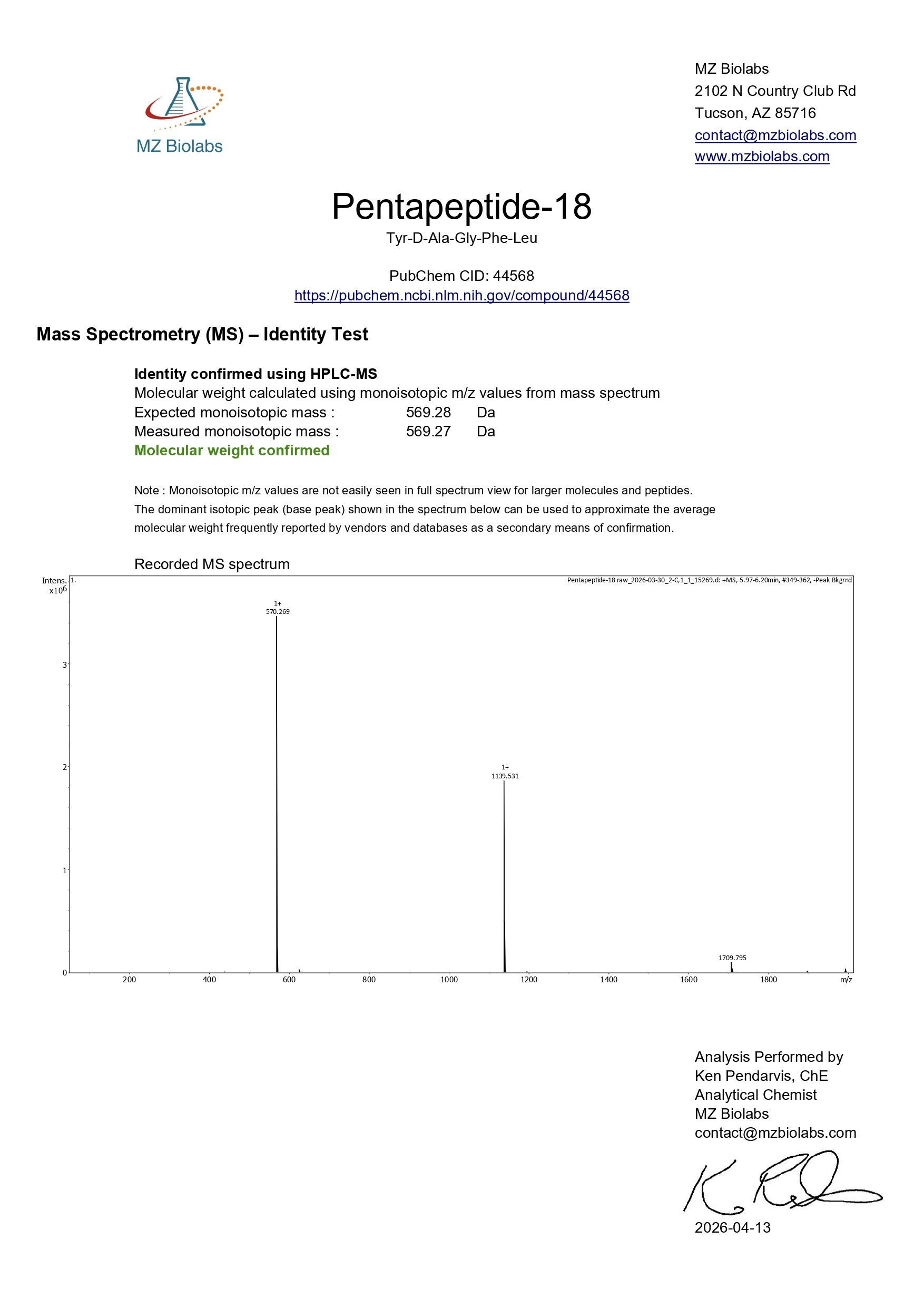 Mass Spectrometry - Pentapeptide-18 (Leuphasyl) (200MG)