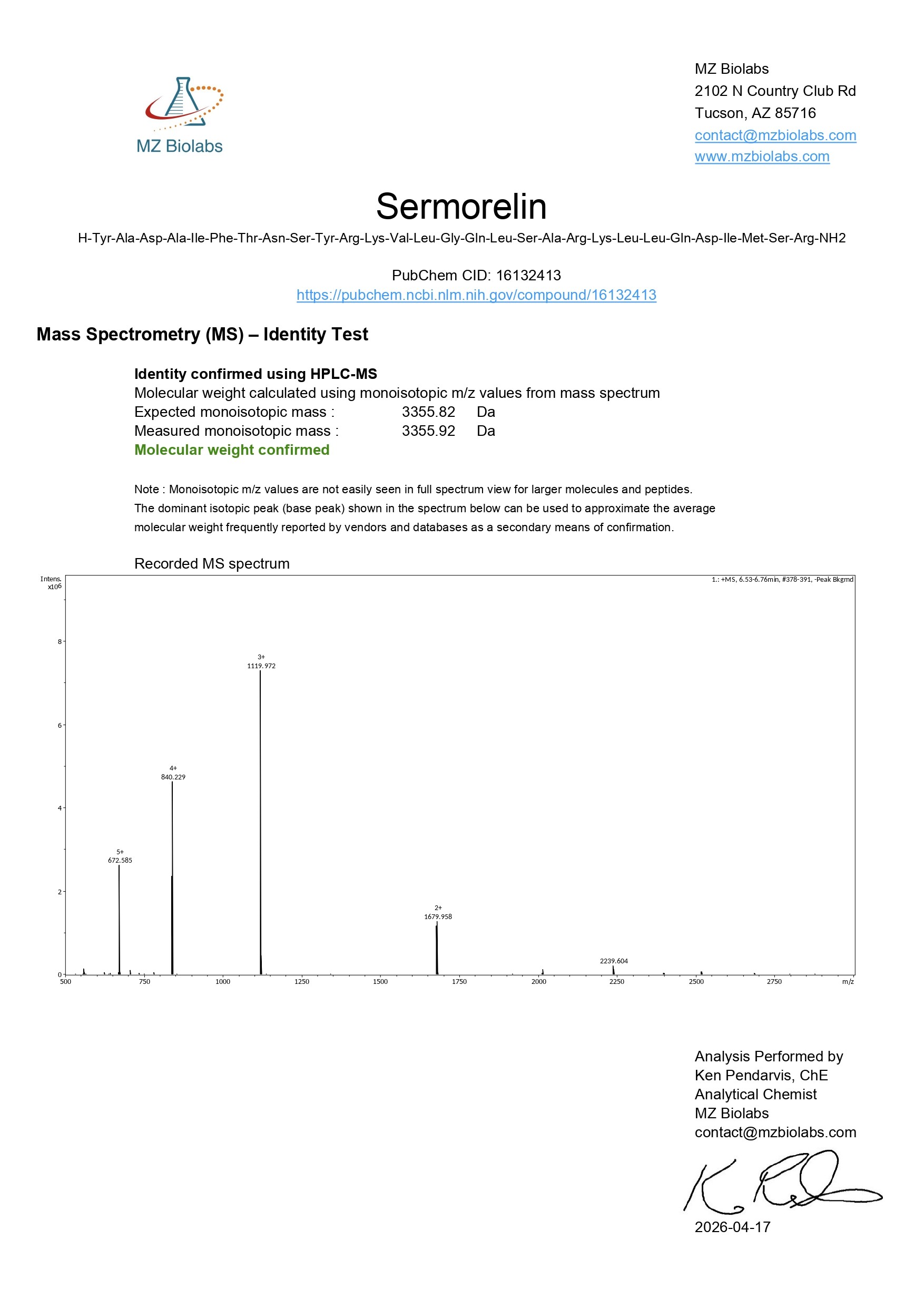 Mass Spectrometry - Sermorelin (5MG)