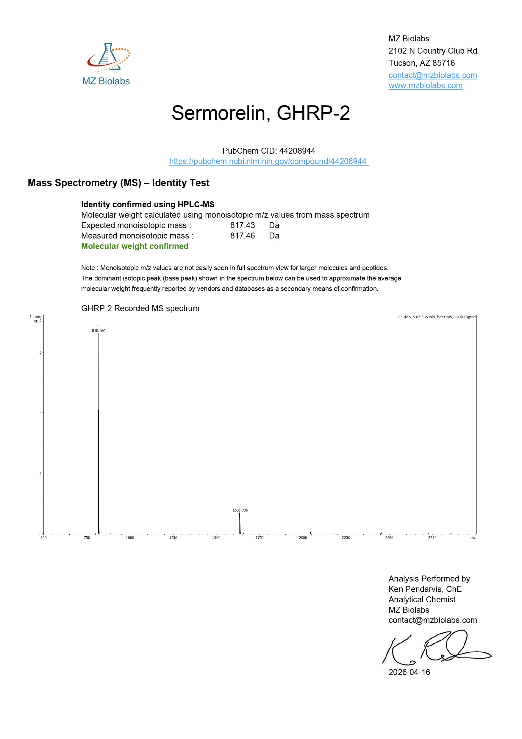 Mass Spectrometry - Sermorelin & GHRP-2 (10MG) - GHRP-2 Mass Spectrometry - Sermorelin & GHRP-2 (10MG) - GHRP-2