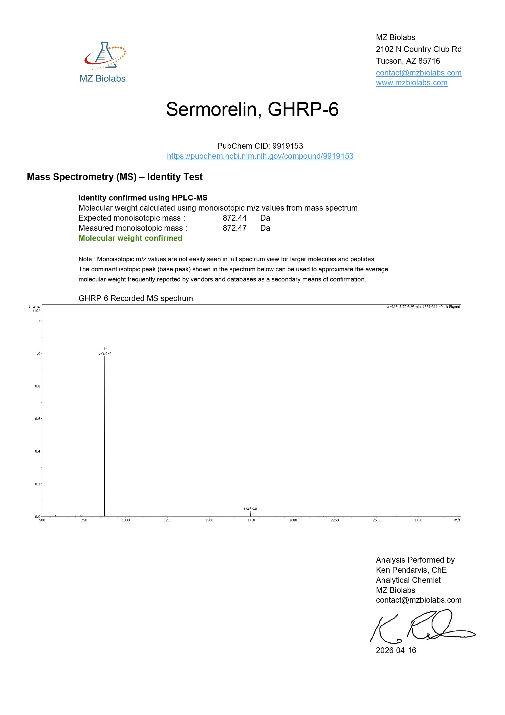Mass Spectrometry - Sermorelin & GHRP-6 (10MG) - GHRP-6 Mass Spectrometry - Sermorelin & GHRP-6 (10MG) - GHRP-6
