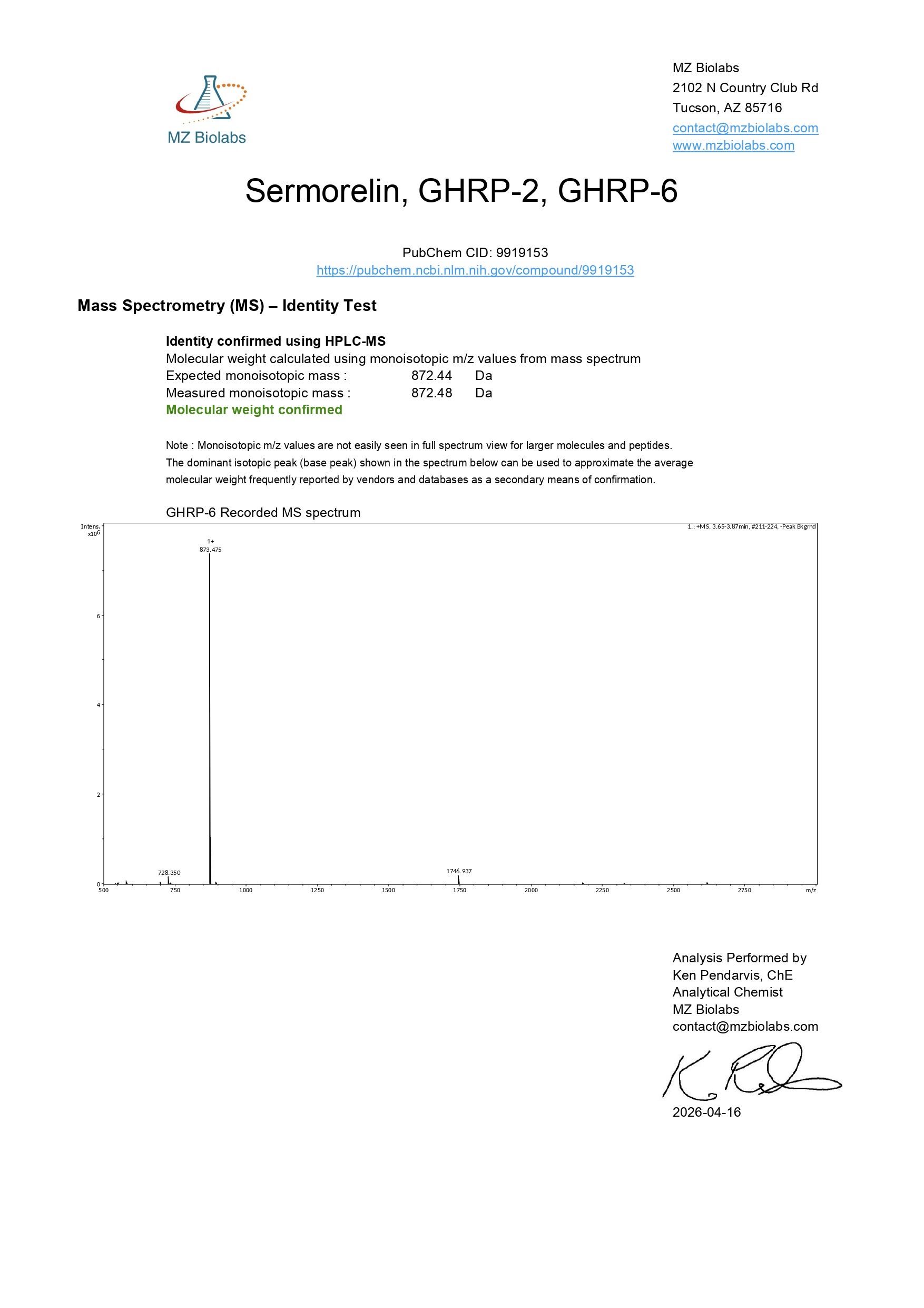 Mass Spectrometry - Sermorelin & GHRP-6 & GHRP-2 (9MG) - GHRP-6 Mass Spectrometry - Sermorelin & GHRP-6 & GHRP-2 (9MG) - GHRP-6