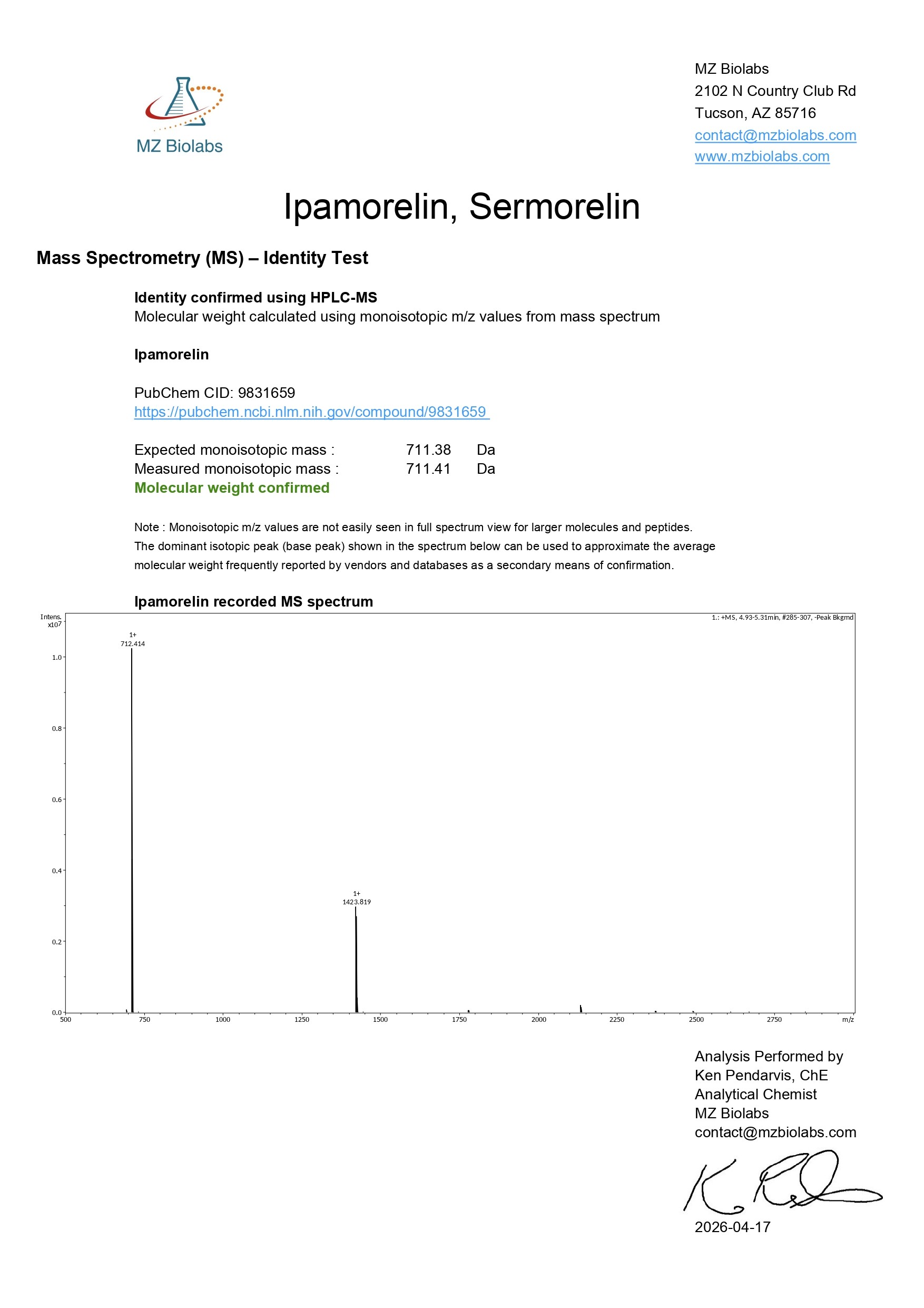 Mass Spectrometry - Sermorelin & Ipamorelin (10MG) - Ipamorelin