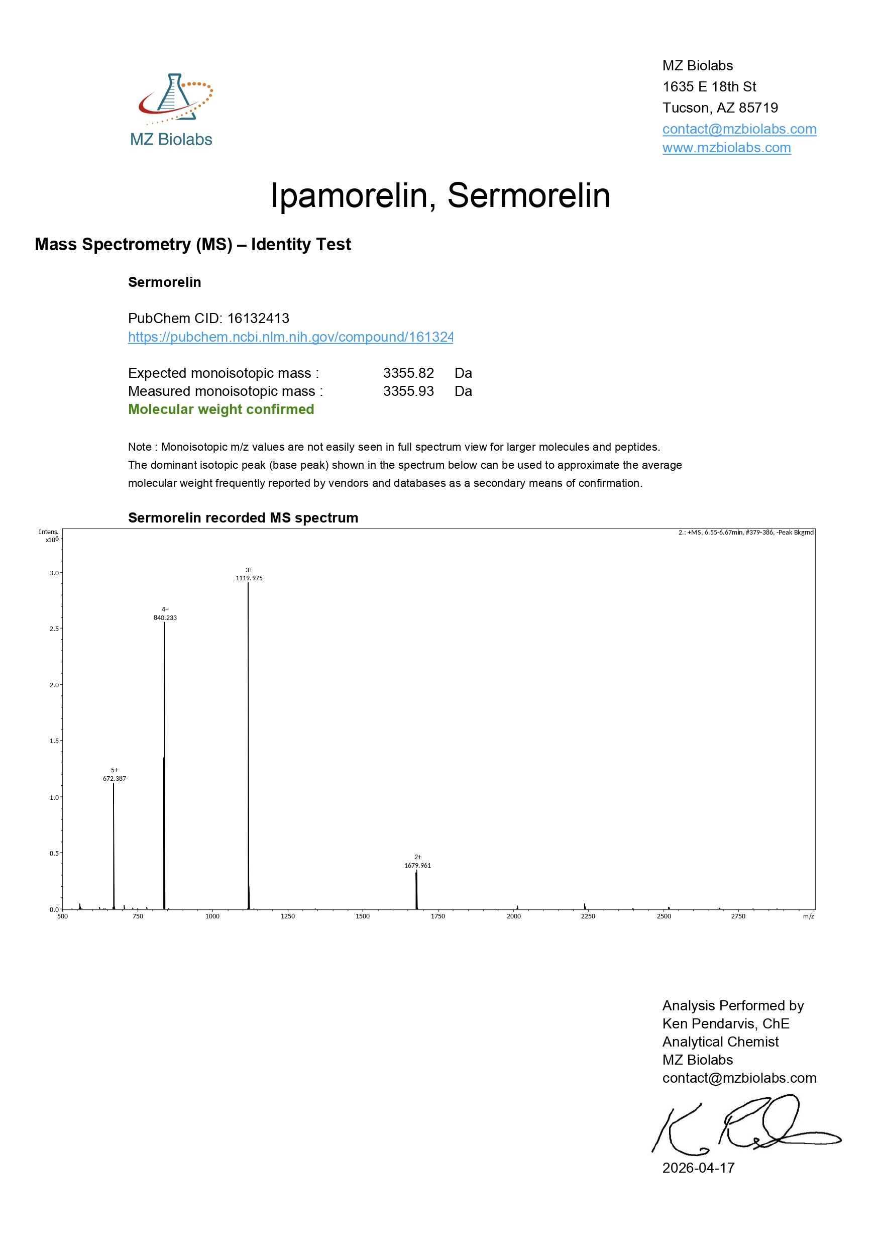 Mass Spectrometry - Sermorelin & Ipamorelin (10MG) - Sermorelin
