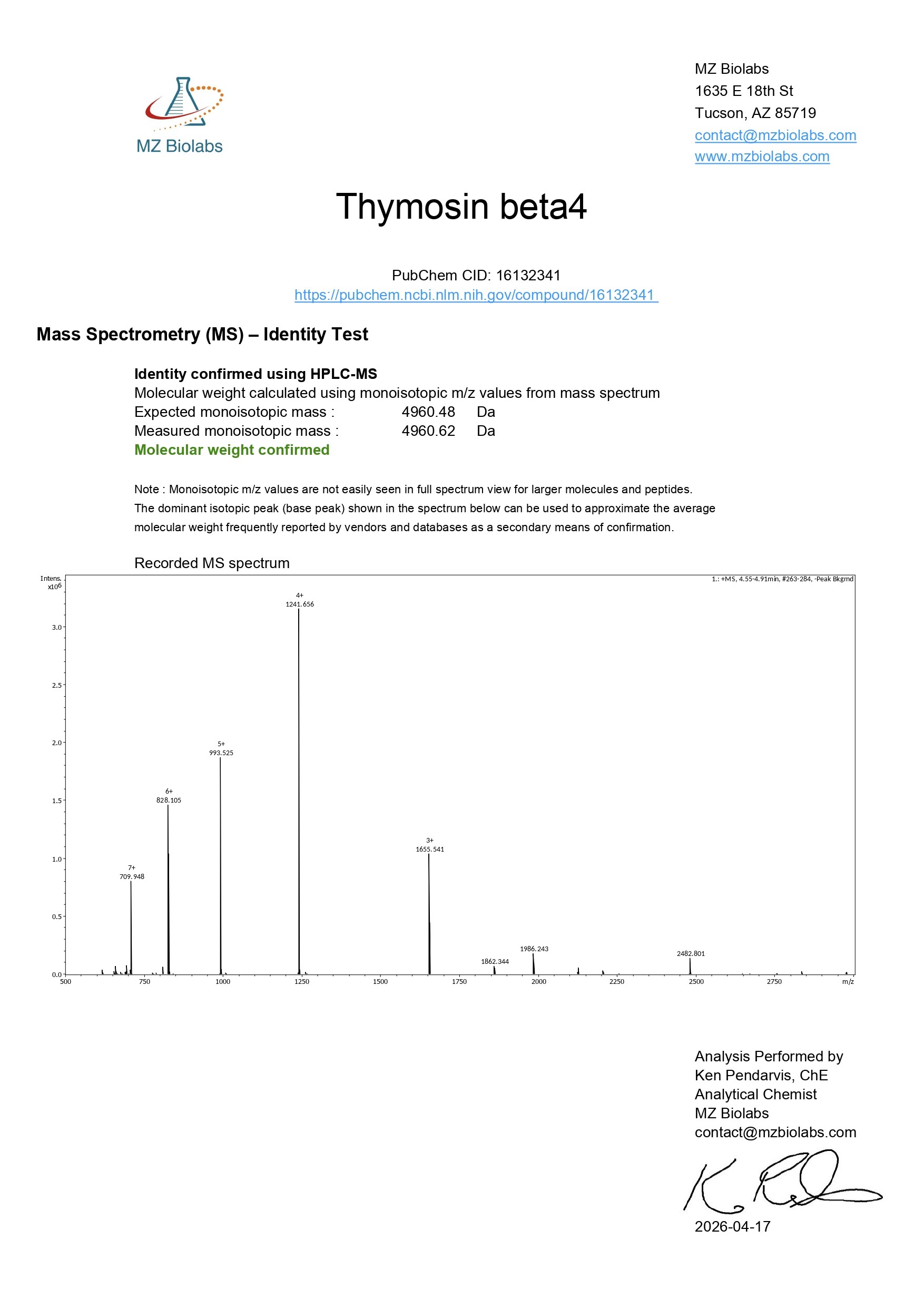 Mass Spectrometry - TB-500 (10MG) Mass Spectrometry - TB-500 (10MG)