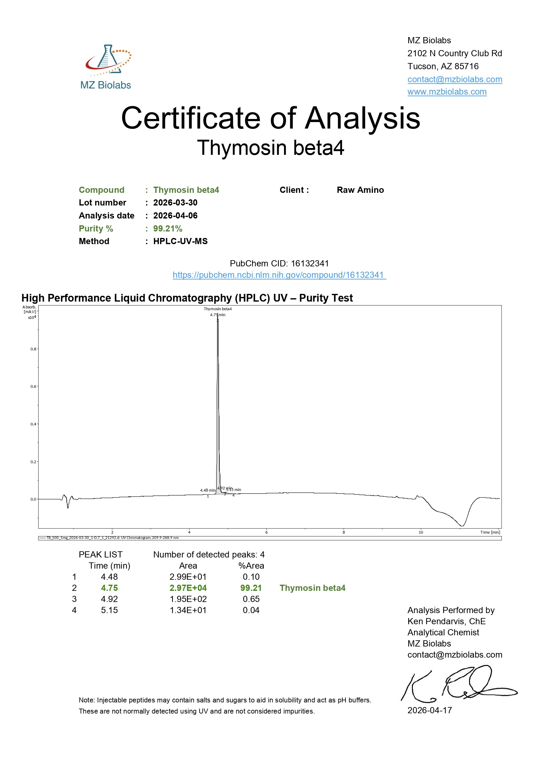 Certificate of Analysis - TB-500 (5MG) Certificate of Analysis - TB-500 (5MG)