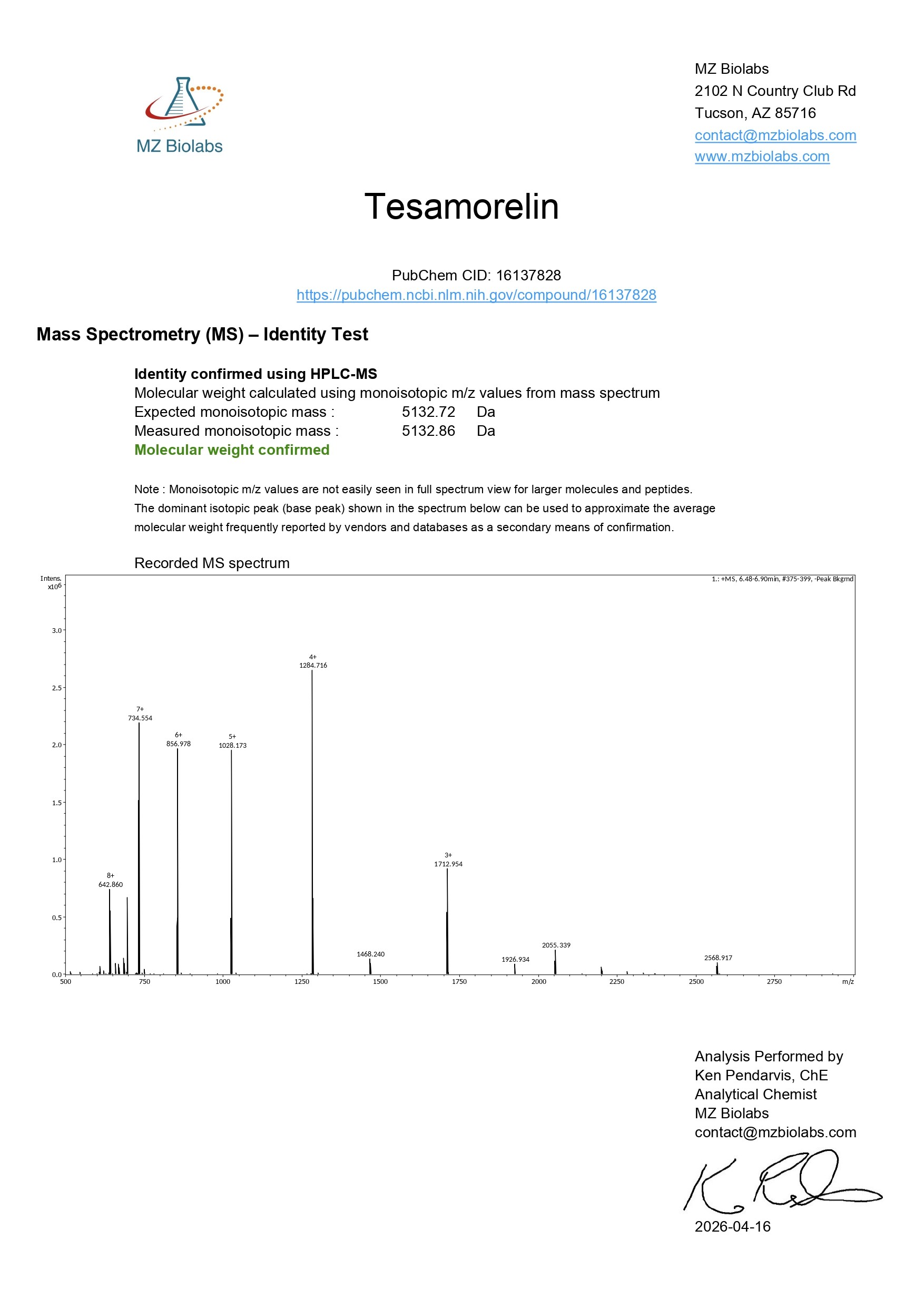 Mass Spectrometry - Tesamorelin (10MG)