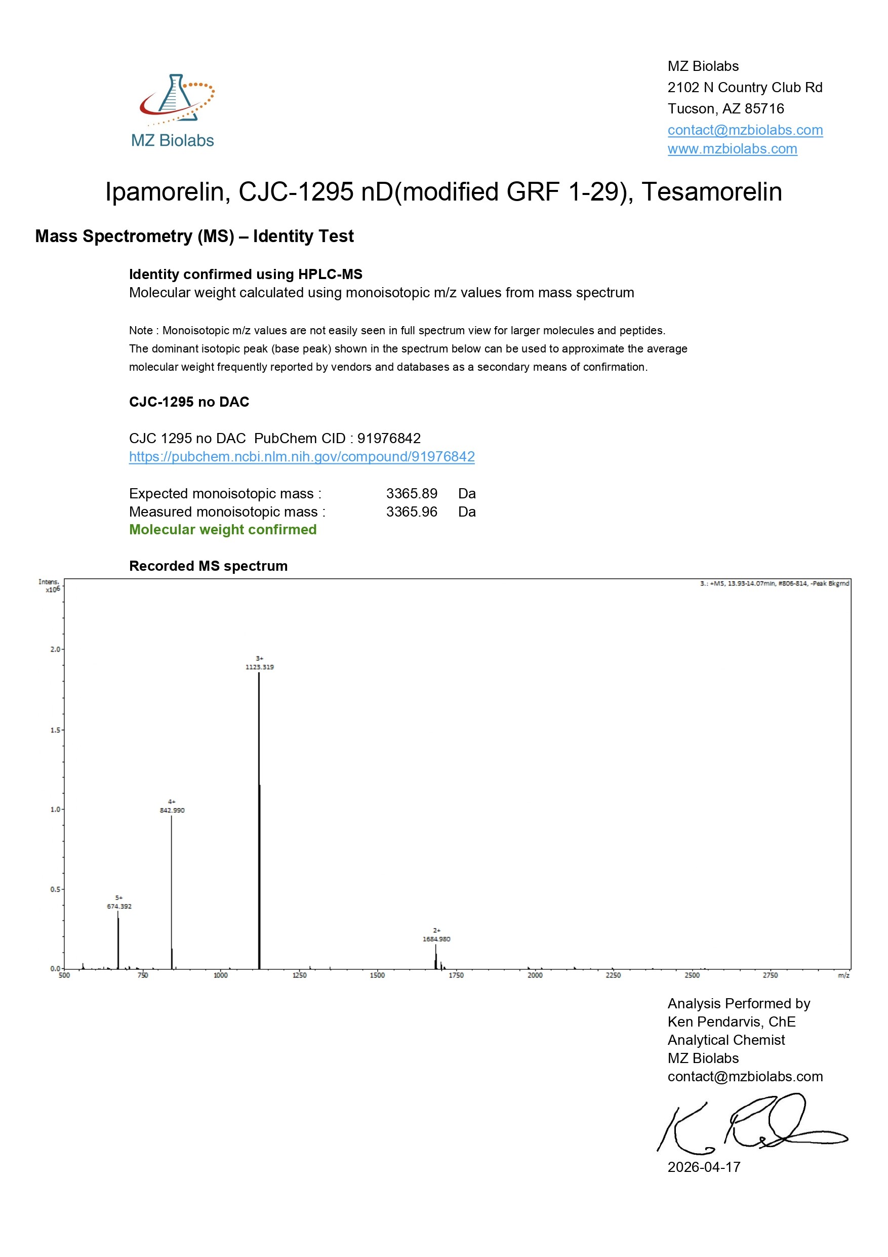 Mass Spectrometry - Tesamorelin & CJC-1295 (Mod GRF 1-29) & Ipamorelin (12MG) - CJC-1295 (Mod GRF 1-29)