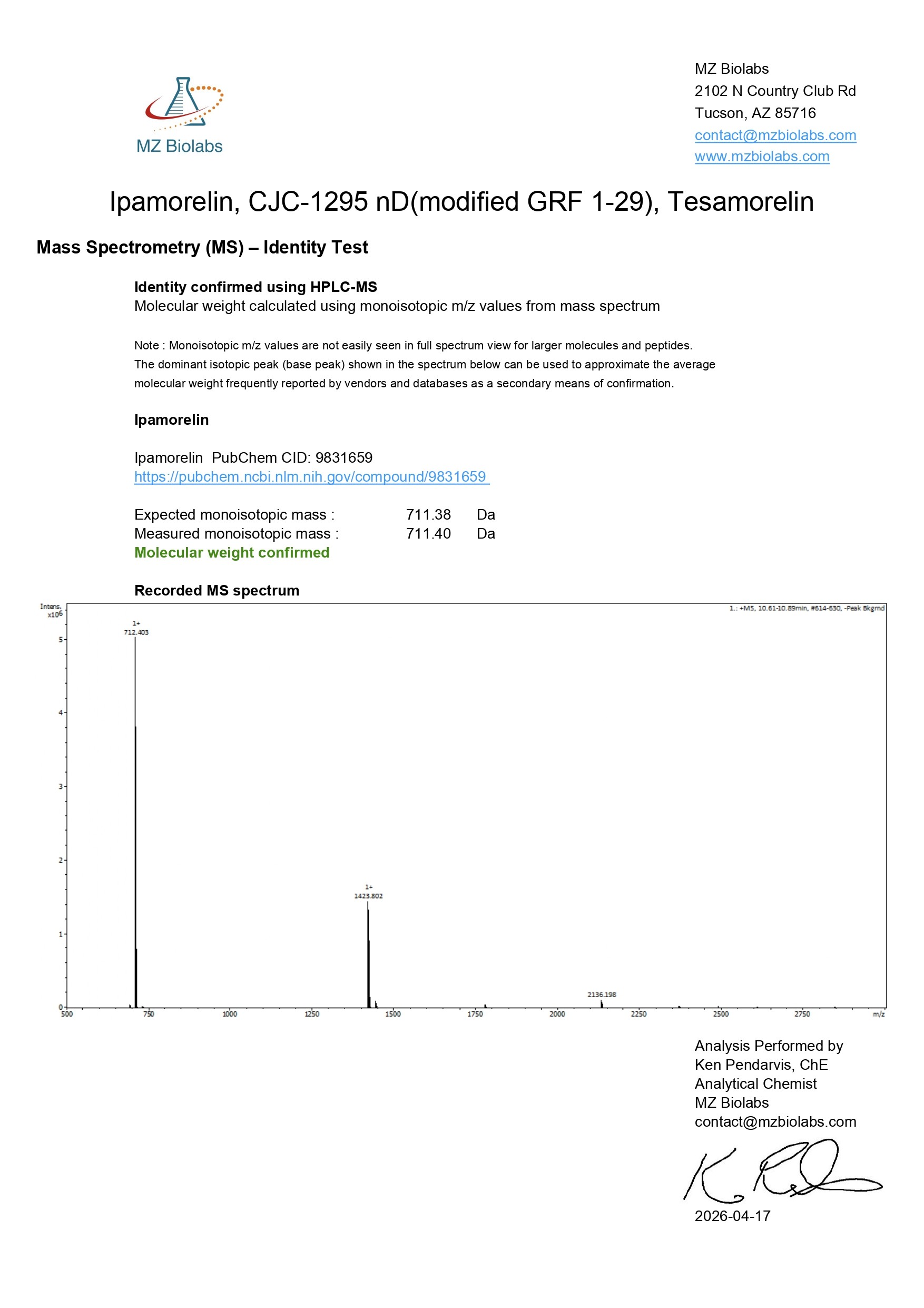 Mass Spectrometry - Tesamorelin & CJC-1295 (Mod GRF 1-29) & Ipamorelin (12MG) - Ipamorelin