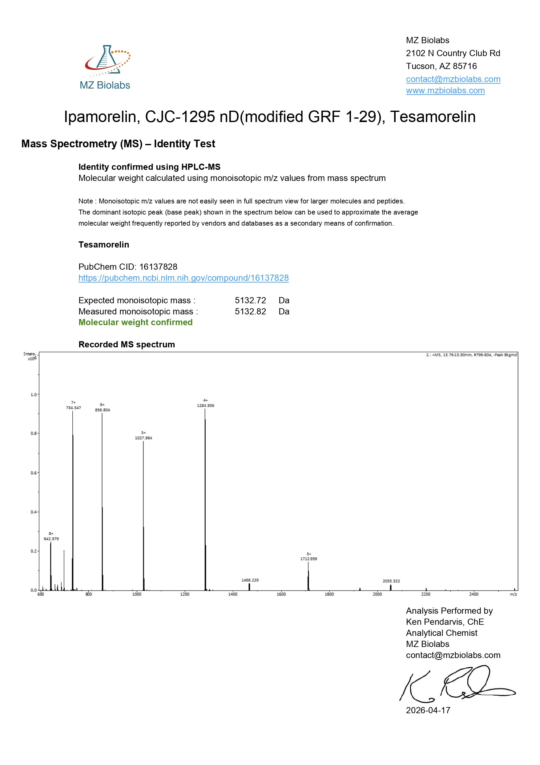 Mass Spectrometry - Tesamorelin & CJC-1295 (Mod GRF 1-29) & Ipamorelin (12MG) - Tesamorelin